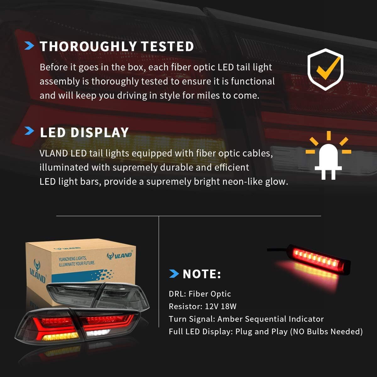 VLAND LED Tail Lights for Mitsubishi Lancer & EVO X 2008-2020 - Smoke/Tinted Full LED Rear Lamp Assembly with Amber Sequential Turn Signal (Not Compatible with Sportbacks/Fortis/IO) | Upgrade Your Car's Style & Safety for Night Driving