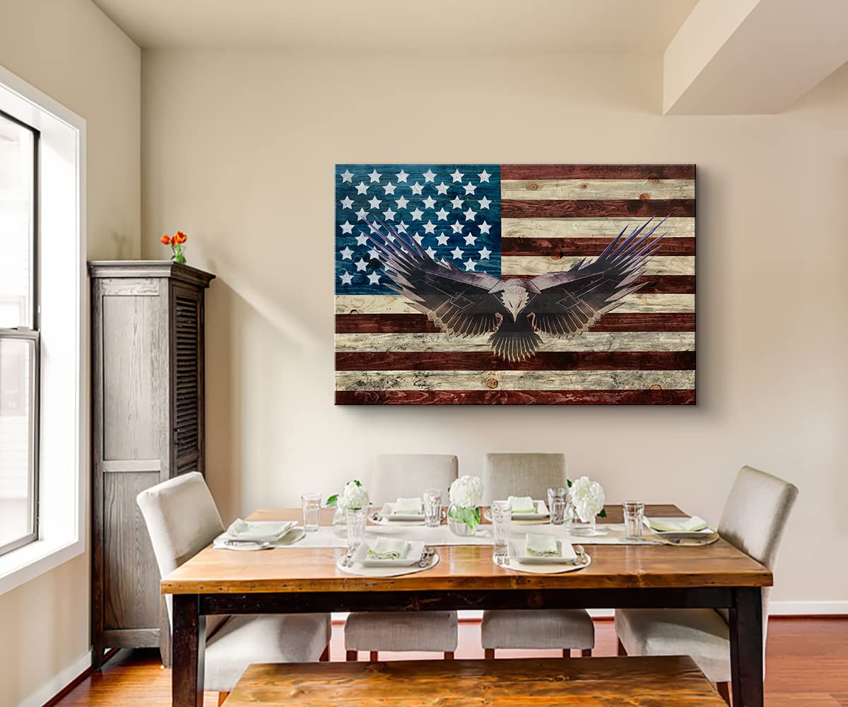 American Flag Wooden Wall Art - Handcrafted Eagle Military Decor Patriotic Wood Flag Poster for Home, Bedroom & Office - Ready to Hang (28''H x 40''W) - Perfect for Veterans Day, Independence Day & Patriotic Home Decor