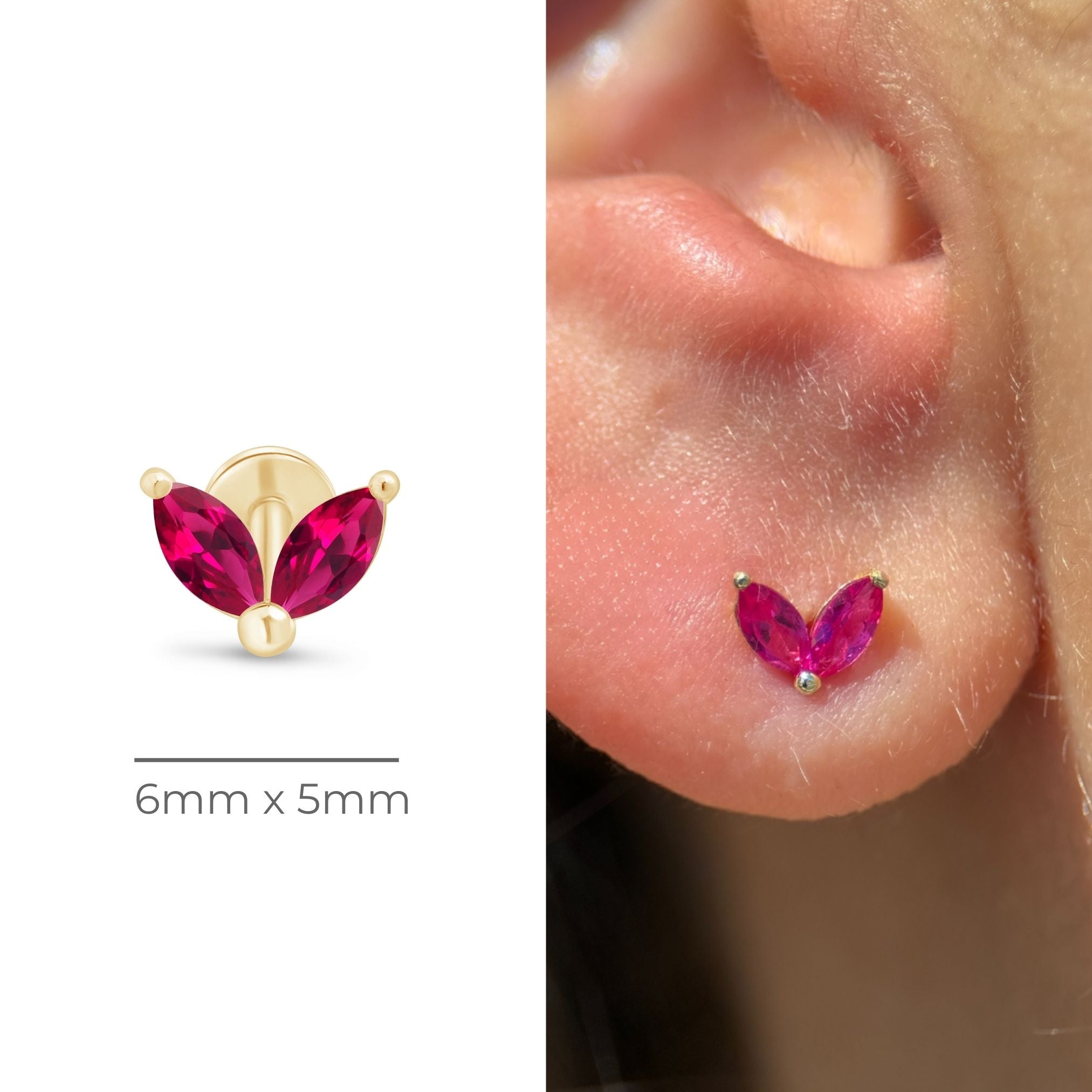14K Solid Yellow Gold Ruby Double Marquise Flat Back Stud Earrings for Women - Perfect for Weddings, Parties & Everyday Elegance