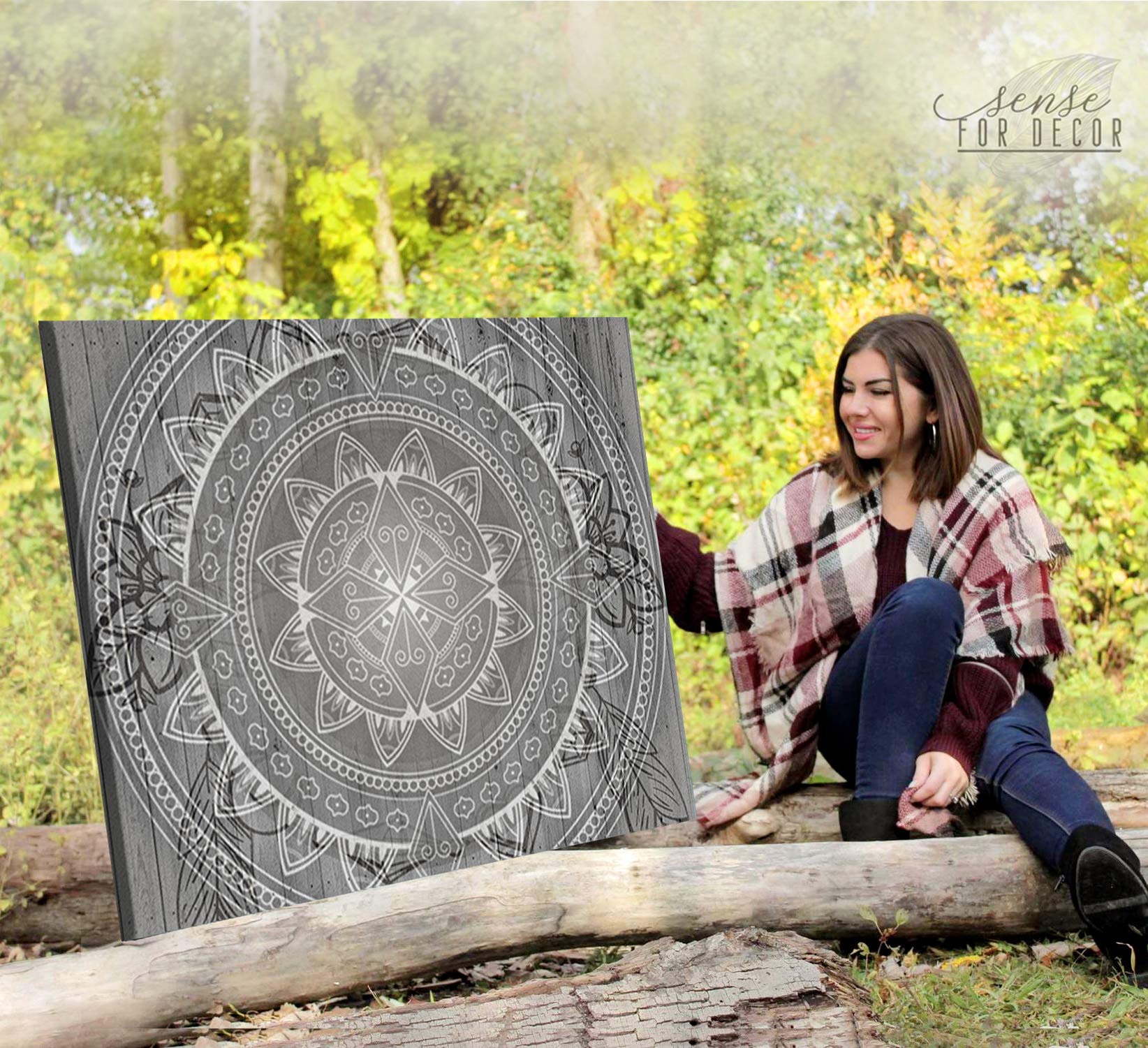 Boho Mandala Sunrise Wall Art - Large Canvas Wall Decor for Bedroom, Modern Bohemian Floral Pattern Poster (30x40 Inches, Grey) | Perfect for Home, Living Room & Office Decor