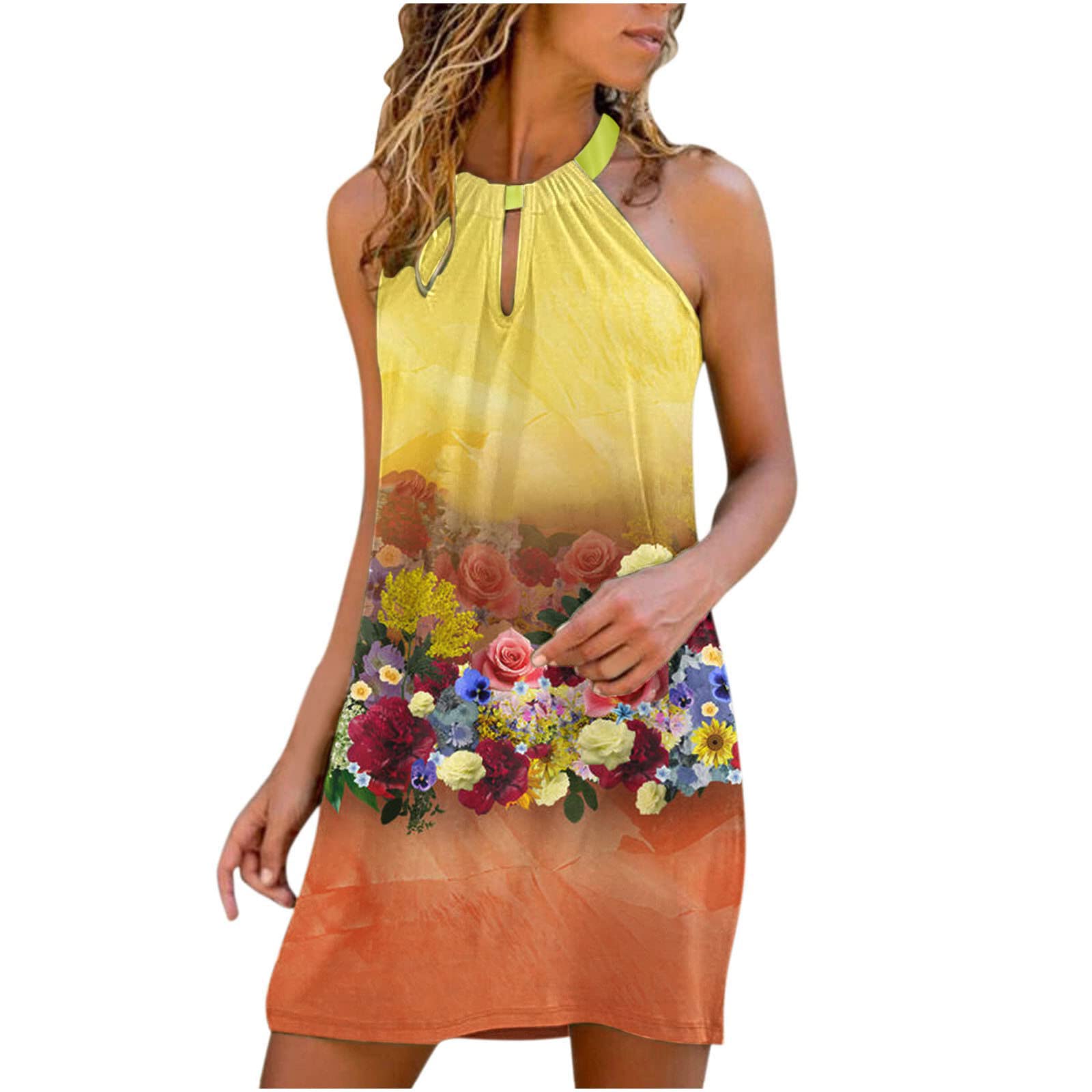 Boho Summer Dresses for Women - Halter Neck Sleeveless Casual Loose Tank Dress | Beach Swing Midi Dress for Vacation, Party & Outdoor Wear