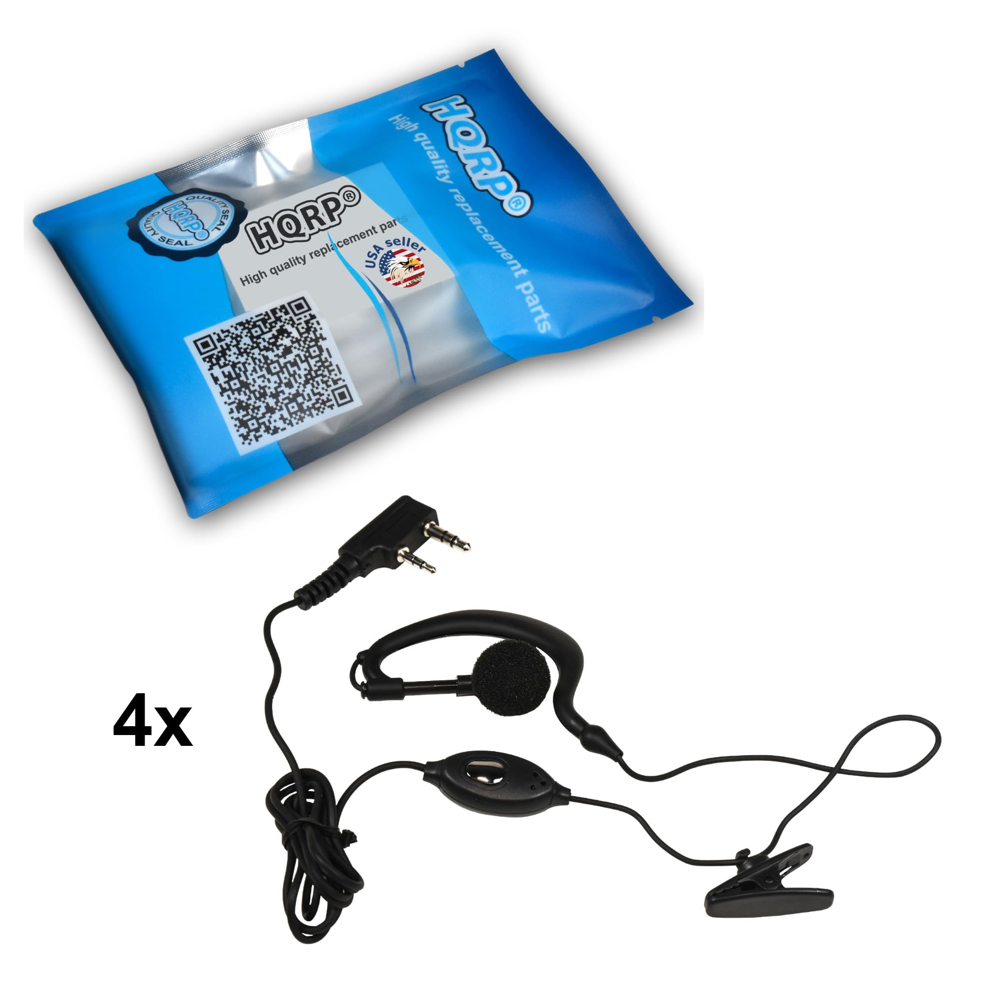 HQRP 4-Pack G Shape 2 Pin Earpiece Headset with PTT Mic - Compatible with Kenwood Pro-Talk, Pro-Power, Free-Talk, Protalk XLS, FreeTalk XLS - Ideal for Two-Way Radios, Security, Construction & Outdoor Communication