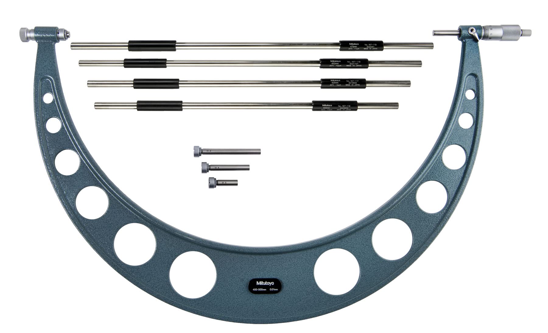 Mitutoyo 104-139A 0-100mm Outside Micrometer with Interchangeable Anvils & Ratchet Stop - 0.01mm Graduation, ±0.00533mm Accuracy - Includes 4 Anvils & 3 Standards - Perfect for Precision Machining, Metalworking, and Quality Control Inspections