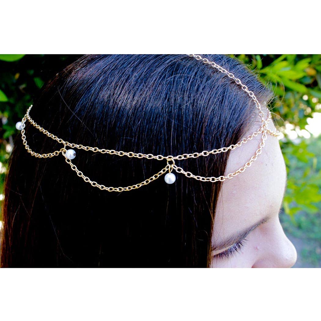 Gold Pearl Head Chain Jewelry - Boho Festival Hair Accessories for Women & Girls - Perfect for Music Festivals, Weddings & Bohemian Style Outfits