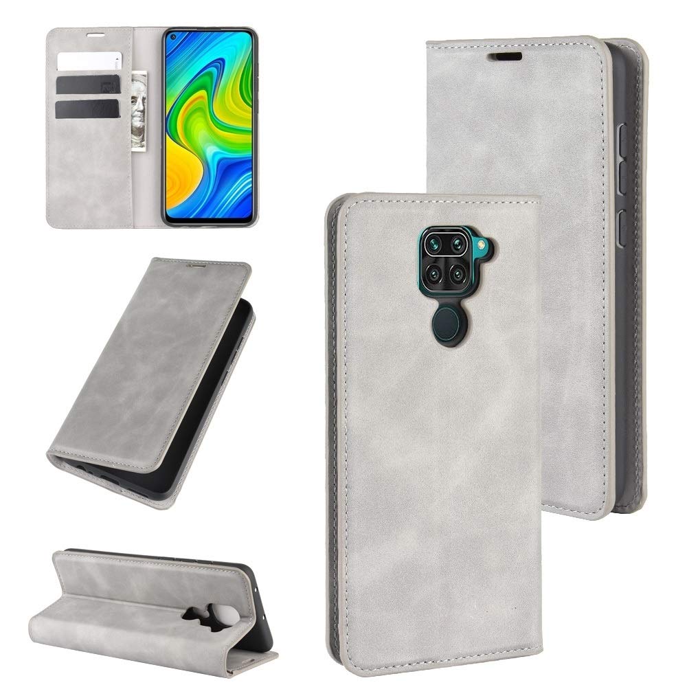 Xiaomi Redmi Note 9/10X 4G Leather Phone Case - Magnetic Suction Retro Business Wallet Case with Card Slots & Kickstand (Black/Grey) for Work, Travel & Everyday Protection