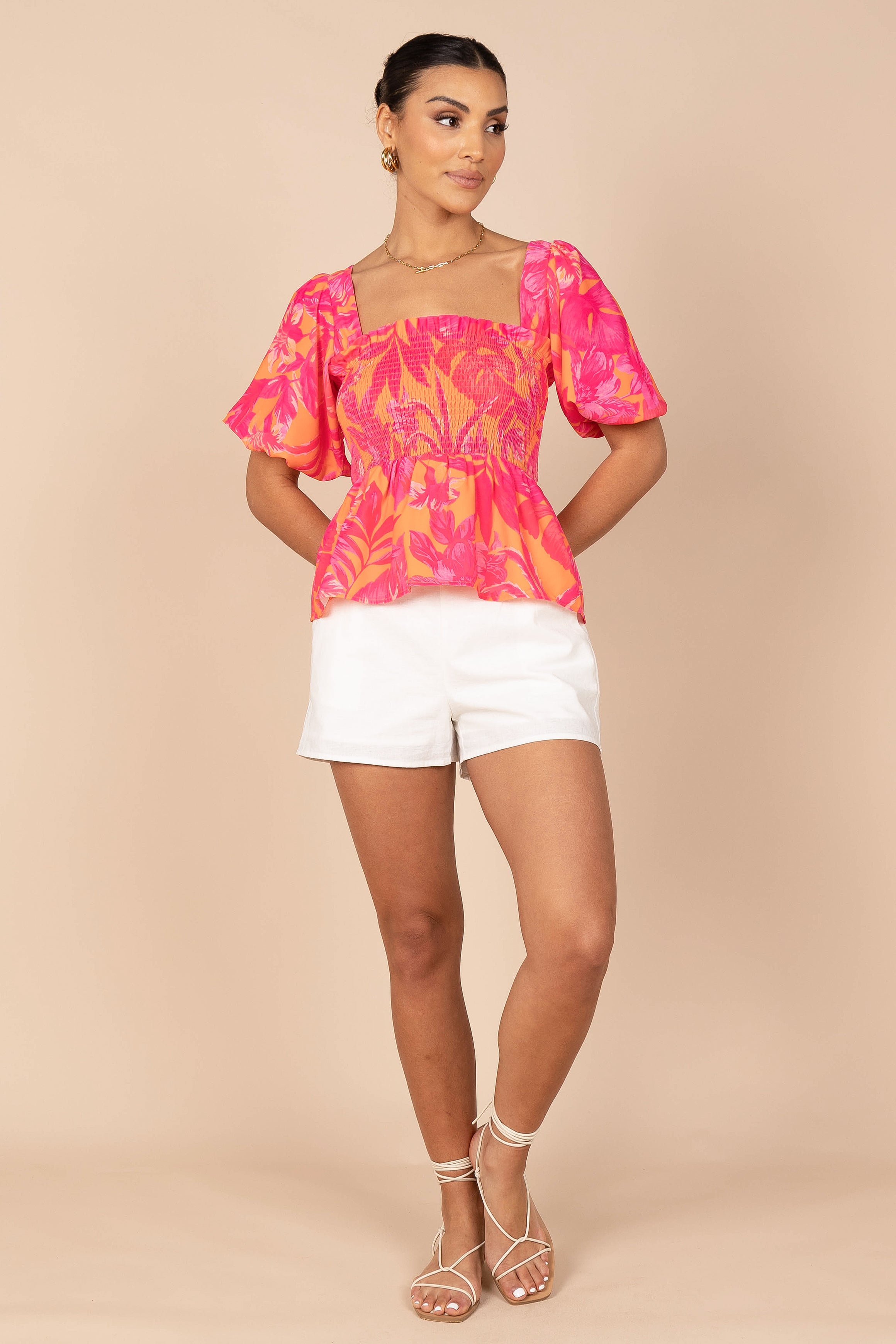 Addison Peplum Top for Women | Flattering Pink Tropics Print | Perfect for Summer Outfits & Beach Vacations
