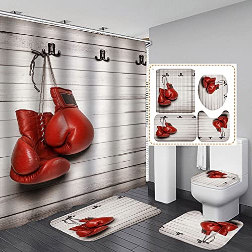 Boxing Gloves Themed Bathroom Set - Polyester Shower Curtain, Non-Slip Bath Mat, Toilet Lid Cover & Rugs - Sporty Home Decor for Boxing Fans & Gym Lovers (Perfect for Man Cave, Sports-Themed Bathrooms & Fitness Enthusiasts)