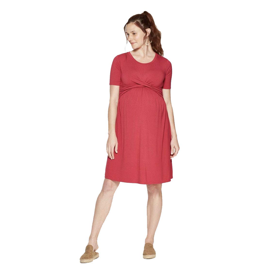 Isabel Maternity by Ingrid & Isabel Twist Knit Dress - Pumila Rose - Soft Stretchy Pregnancy Dress for Work, Baby Shower & Everyday Comfort