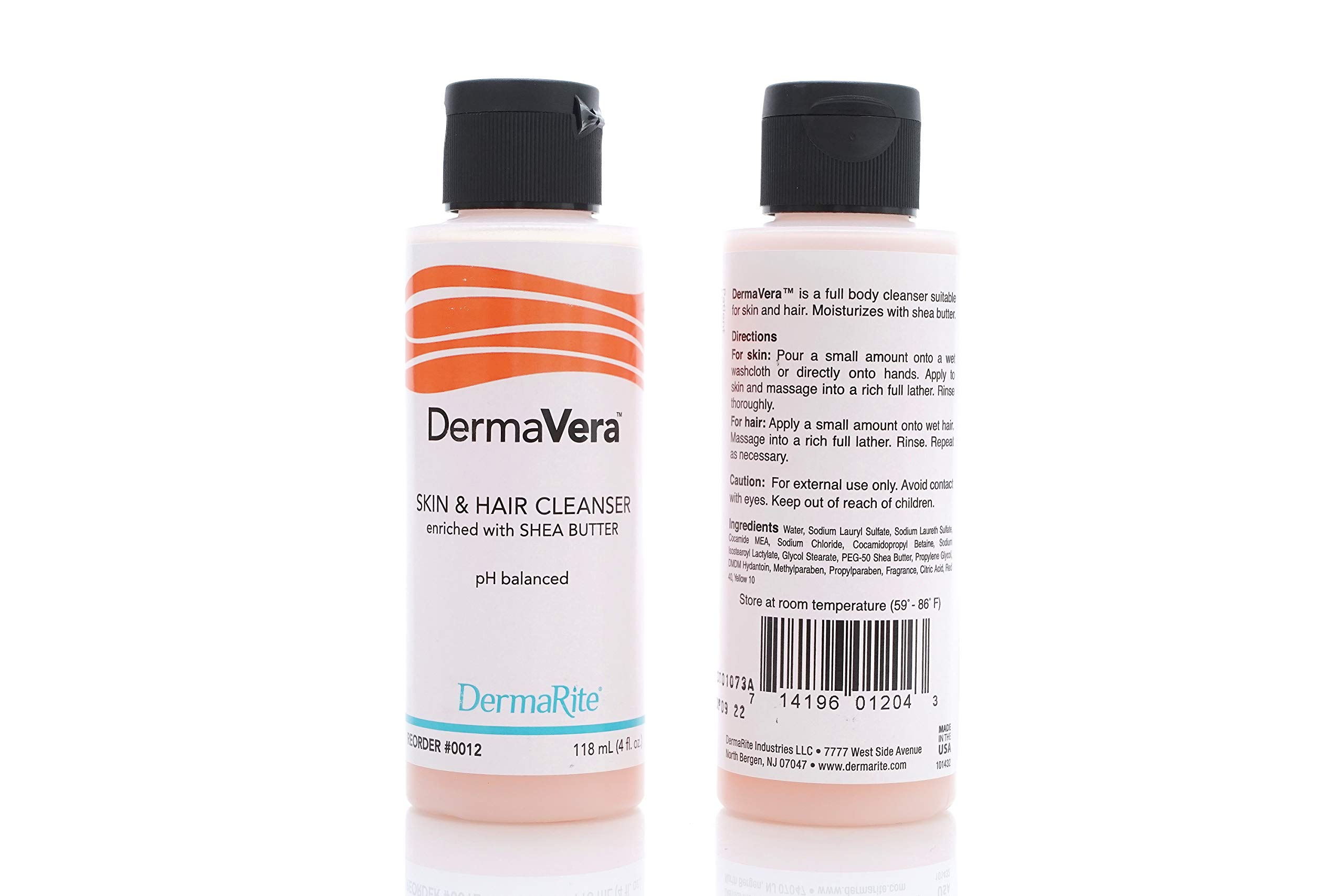 Dermarite DermaVera Skin & Hair Cleanser with Shea Butter - pH Balanced Facial & Body Wash - 4 Oz Travel Size Squeeze Bottle (Pack of 96) - Gentle Cleansing for Sensitive Skin & Scalp - Perfect for Daily Use, Travel & Gym
