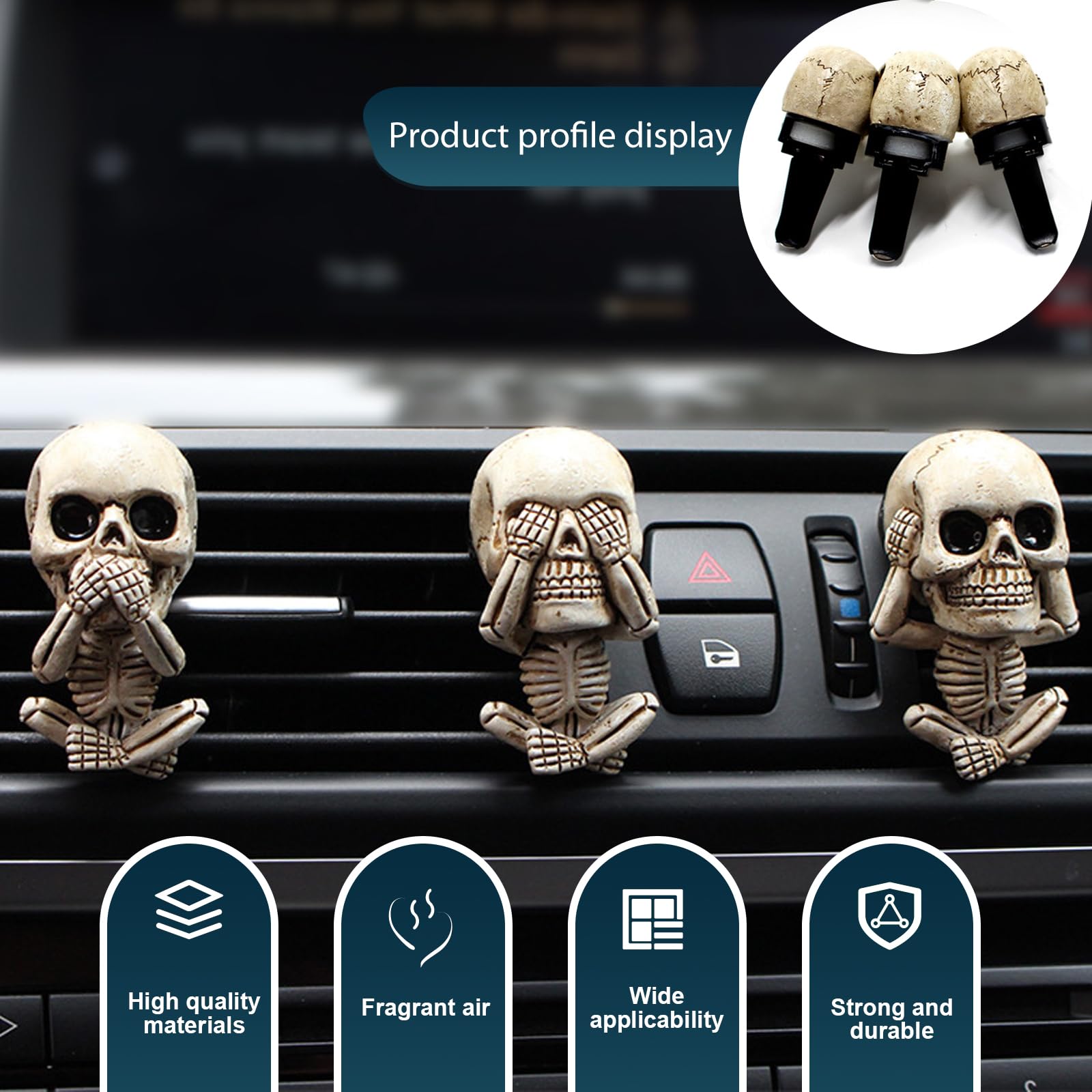 3 PCS Universal Car AC Vent Diffusers - Halloween Skull Decor for Most Vehicles - Black Multi-Functional Auto Interior Accessories | Perfect for Car Decor, Themed Parties & Seasonal Celebrations