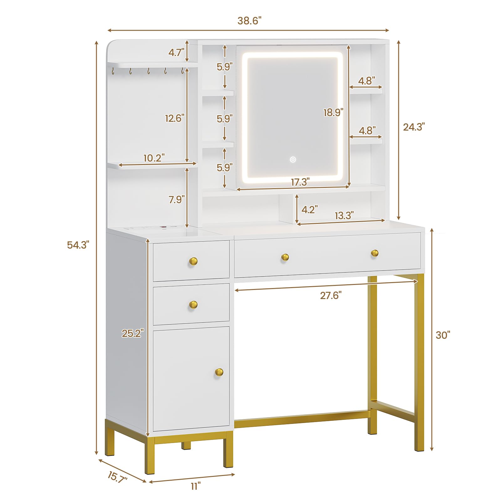 AOGLLATI 3-Color LED Makeup Vanity Set with Mirror, Charging Station & Storage - White Vanity Desk with Visible Drawers & Shelves for Bedroom, Dressing Room & Beauty Salon