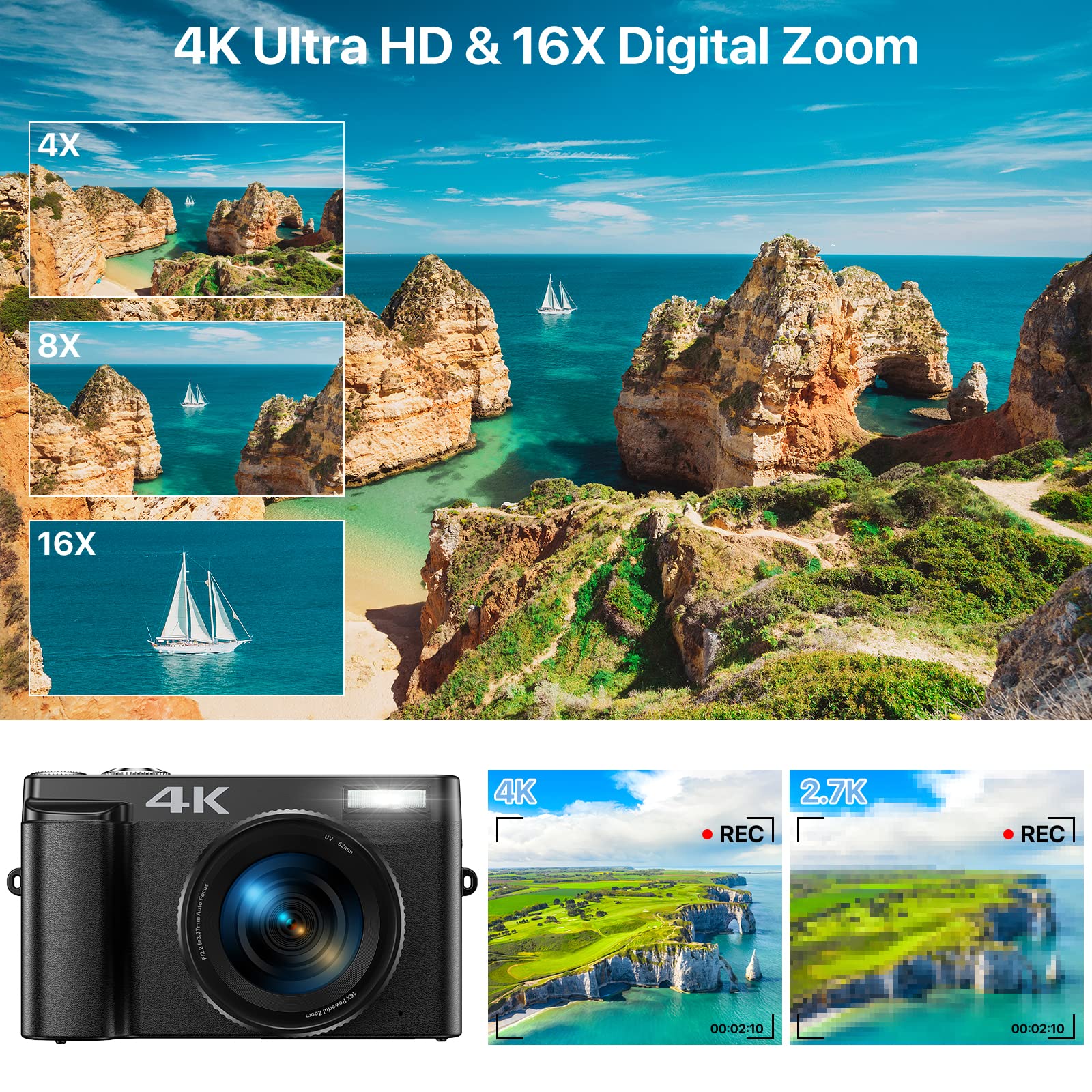 4K Digital Camera with 48MP Autofocus - Vlogging Camera for YouTube with 3