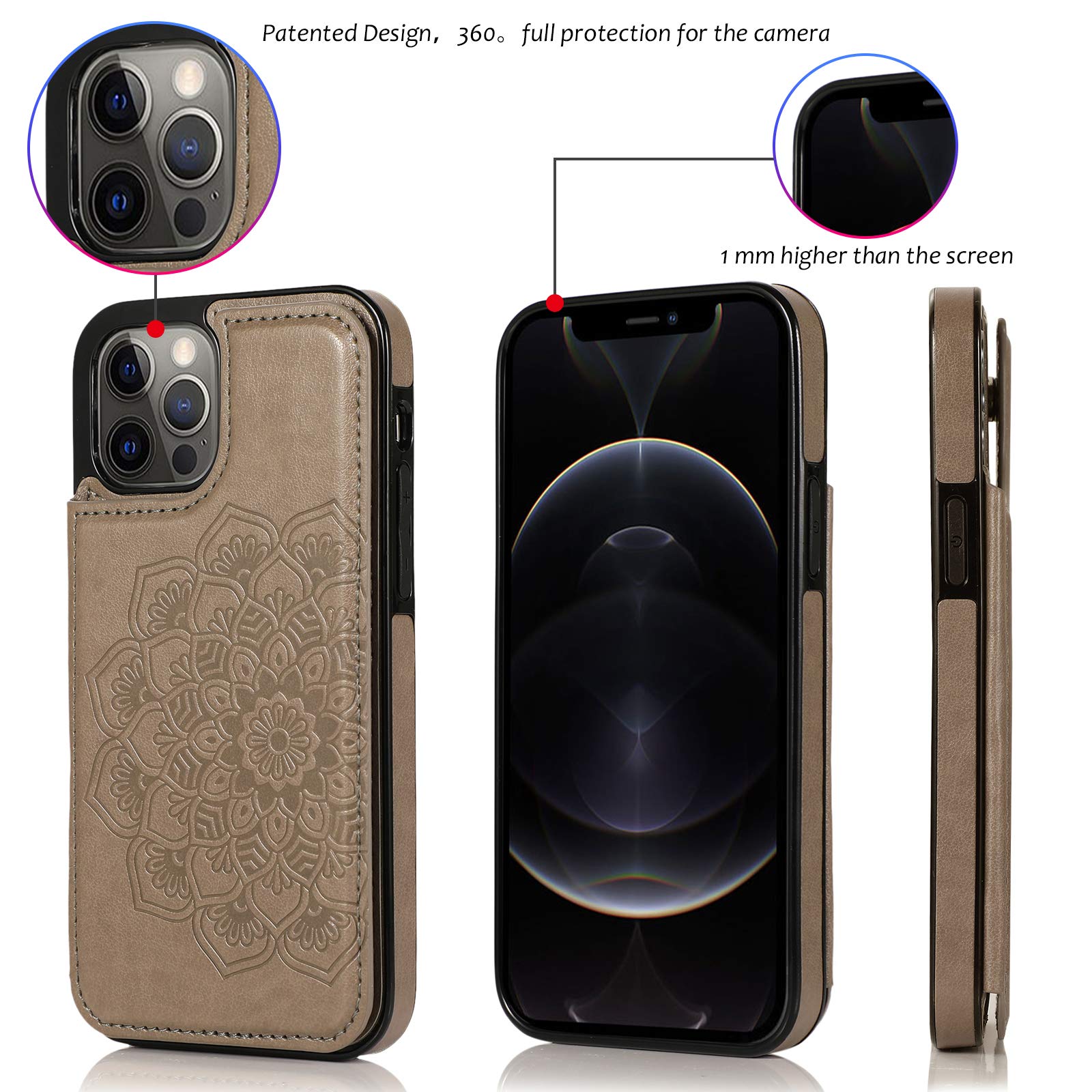Premium PU Leather Mandala Flower Embossed Wallet Case for iPhone 12 Pro Max - Magnetic Flip Cover with Card Holder & Shockproof Protection (SKM Gray) - Perfect for Daily Use, Travel & Business Meetings