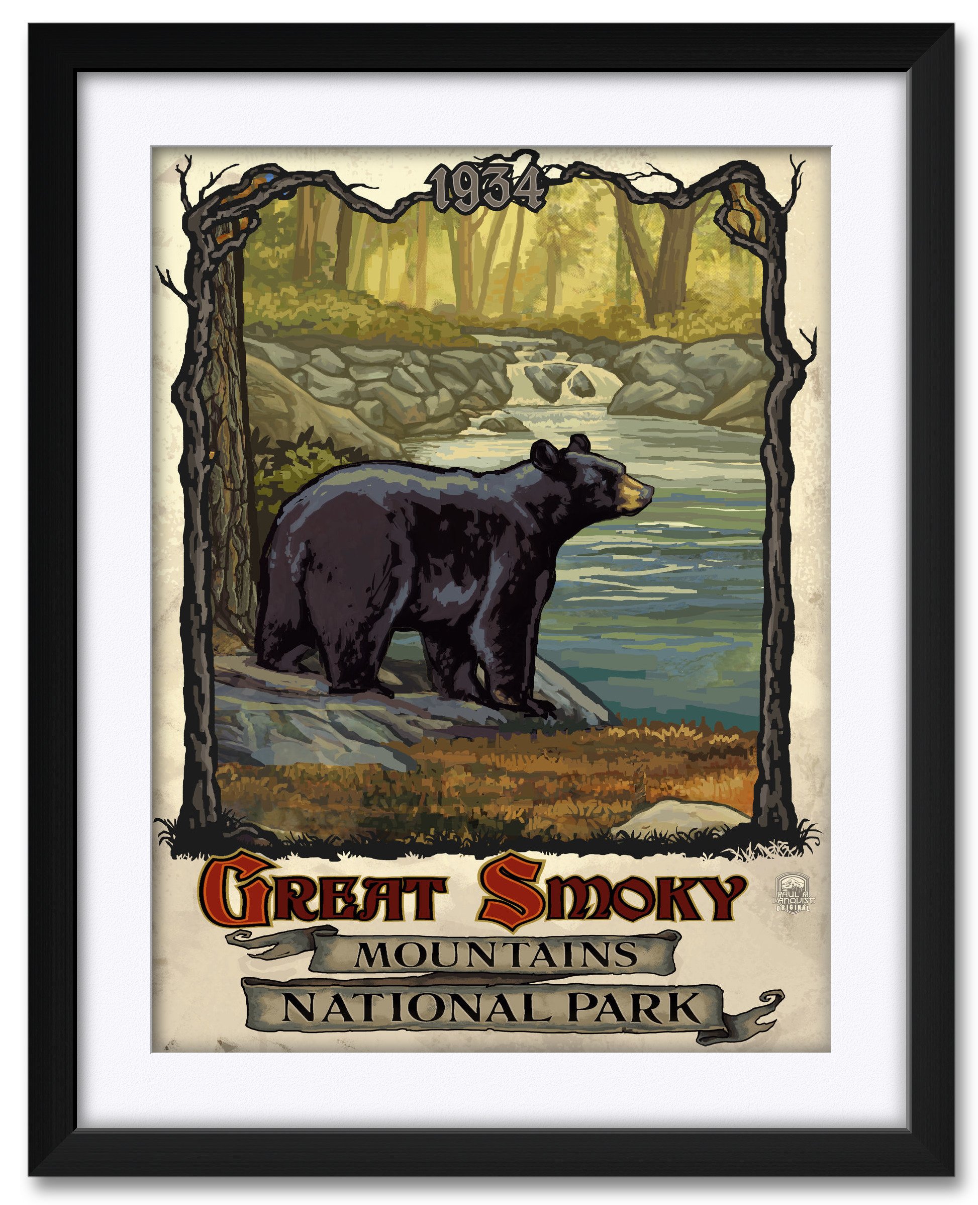 Paul A. Lanquist Framed Art Print - Great Smoky Mountains National Park Bear with Creek - 24