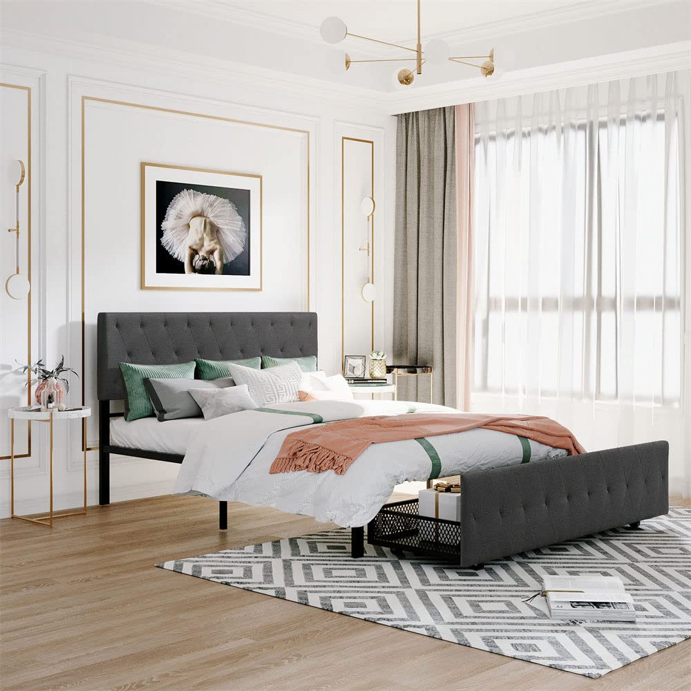 Queen Size Metal Platform Bed Frame with Storage Drawer & Upholstered Headboard - Sturdy Center Support Legs, Underbed Storage Space, No Box Spring Needed (Gray) - Perfect for Small Bedrooms, Guest Rooms & Modern Apartments