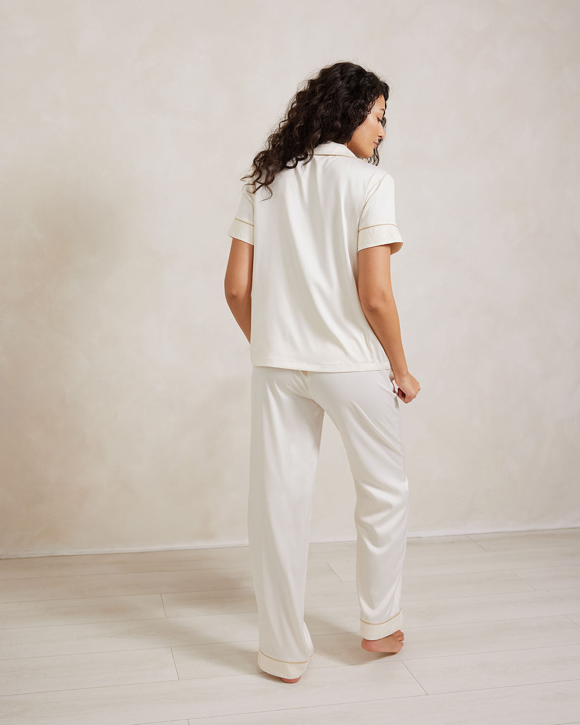 Satin Lace Trim Short Sleeve Long Pajama Set for Women - Ivory - Soft Comfortable Sleepwear for Nightwear, Lounge Wear & Relaxation at Home