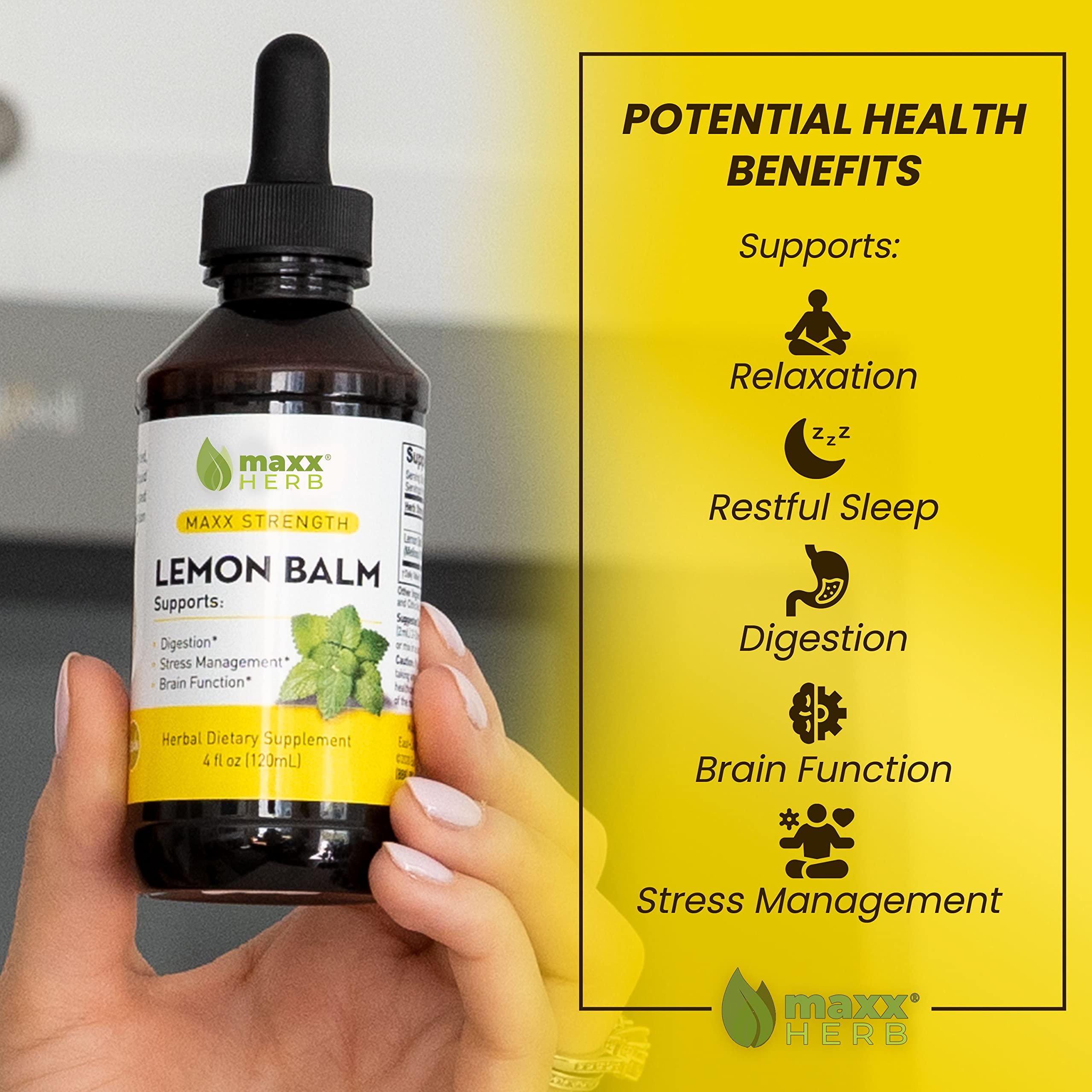 Maxx Herb Lemon Balm Extract - Maximum Strength Lemon Balm Tincture for Nervous System Support & Stress Relief - Fast Absorption Formula (Better Than Capsules) - 4 Bottles x 4oz (240 Servings) - Perfect for Daily Relaxation, Anxiety Relief & Natural Sleep Aid