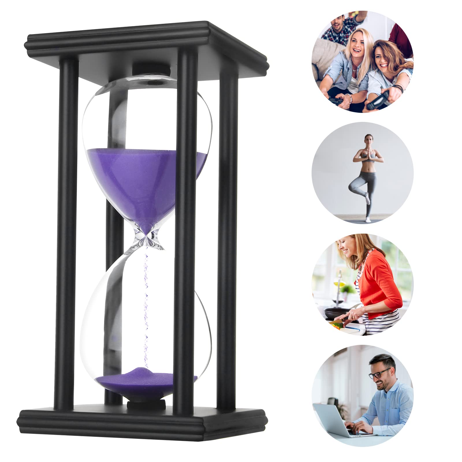 45 Minute Hourglass Sand Timer - Black Wooden Sandglass for Home, Office, Classroom, Kitchen & Restaurant Decor | Perfect for Time Management, Meditation & Stylish Living Room Accents (White Sand)