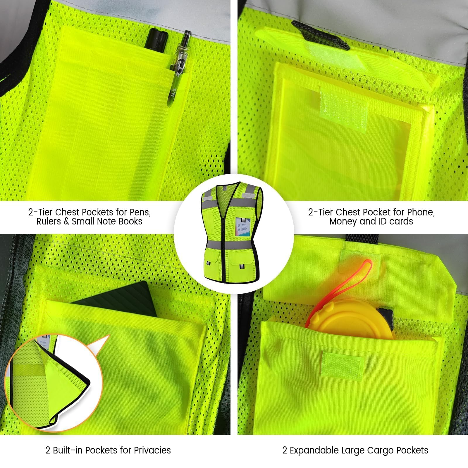 ANSI Compliant High Visibility Reflective Safety Vest for Women - 11 Pockets with Zipper, Mesh Work Vest for Surveyors, Workers & Drivers - Comfortable & Snug Fit (U-Yellow, Medium) - Perfect for Construction Sites, Road Work & Night Shifts
