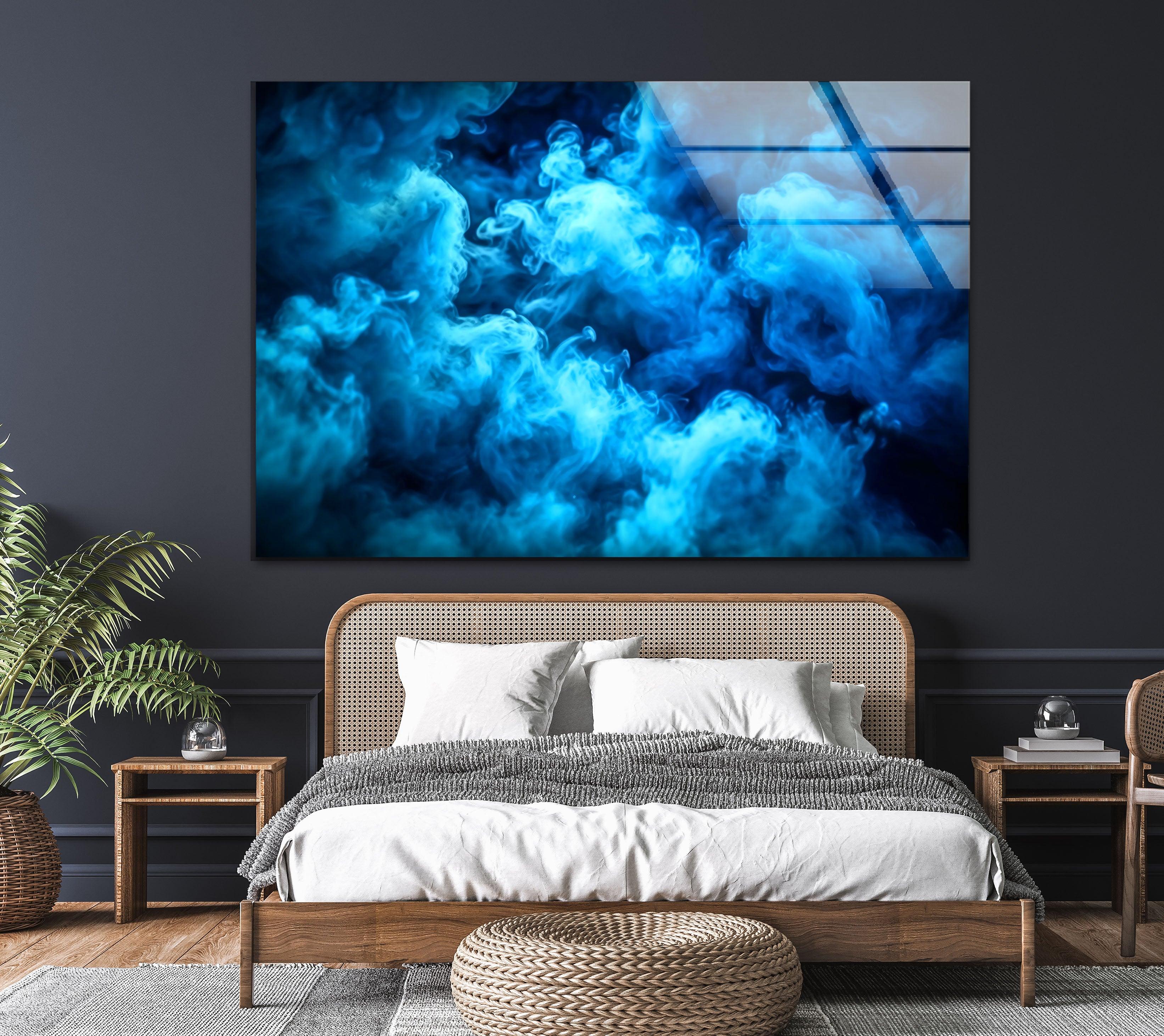Blue Smoke Glass Wall Art - Modern Abstract Decor for Living Room, Bedroom & Office - Handmade Glass Artwork for Home & Office Decor