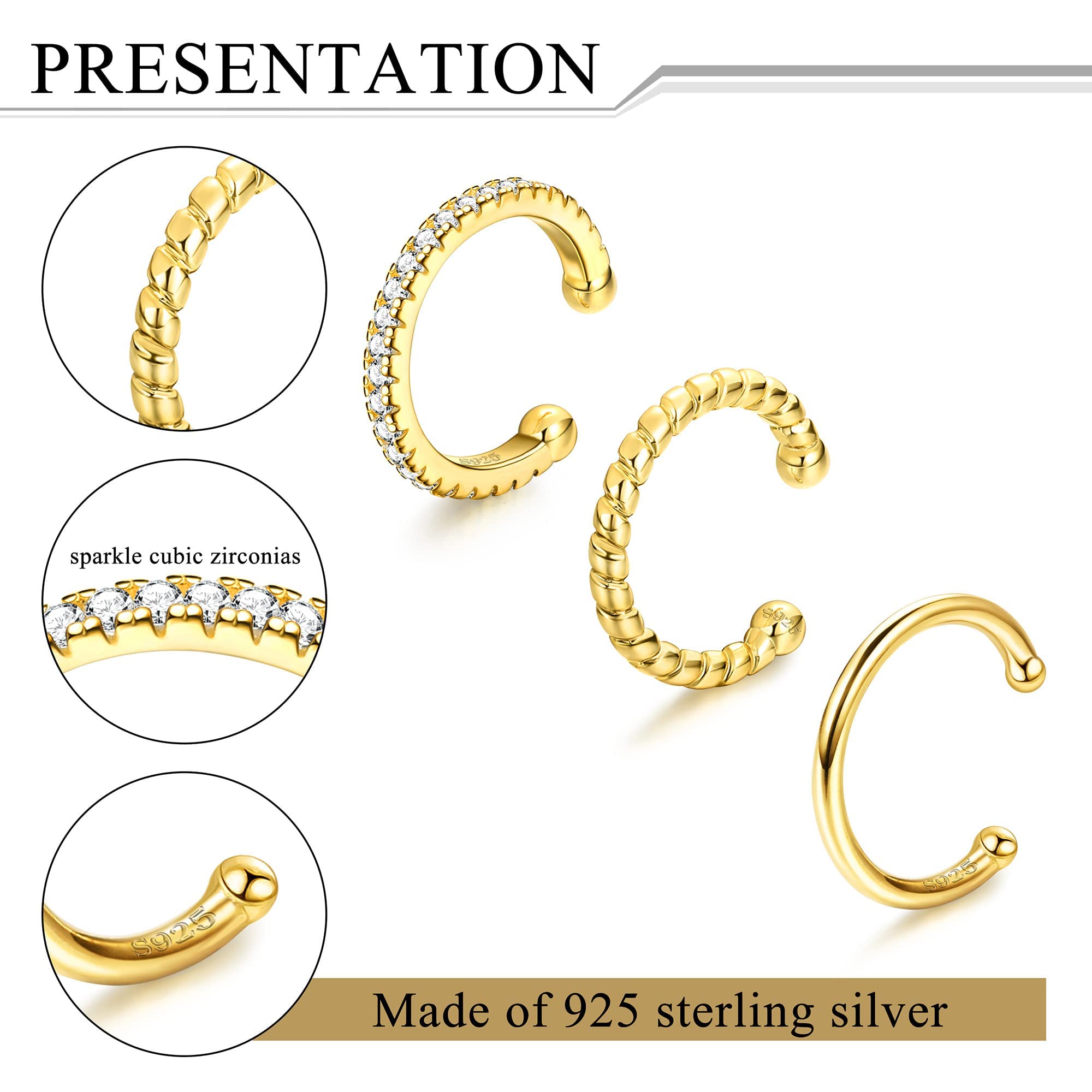 925 Sterling Silver Non-Piercing Ear Cuffs - Hypoallergenic Cartilage Earrings for Women | Fake Helix & Conch Cuff Jewelry | Perfect for Sensitive Ears & Everyday Wear