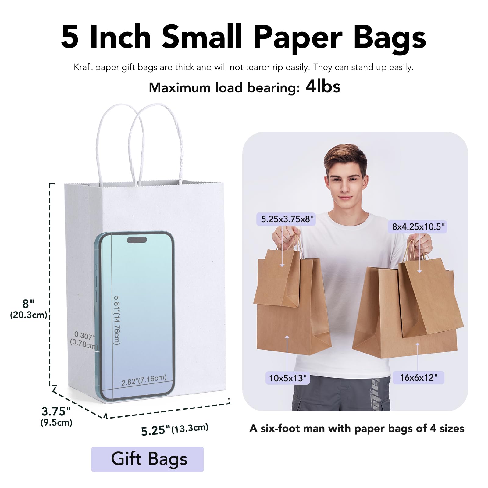 50 Pack White Kraft Paper Bags 5.25x3.75x8 Inches with Handles - Small Shopping Bags for Retail, Gift Wrapping, Wedding Favors & Party Supplies | Perfect for Small Businesses, Boutiques & Merchandise Packaging