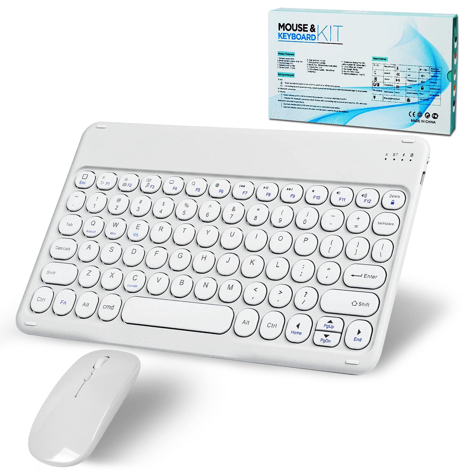 Wireless Bluetooth Keyboard and Mouse Combo - Rechargeable Mini Portable Keyboard with Mouse for iPad, Tablet, Laptop, PC, Mac, Android, Windows - Perfect for Office, Home, Travel & Gaming (10in, White)
