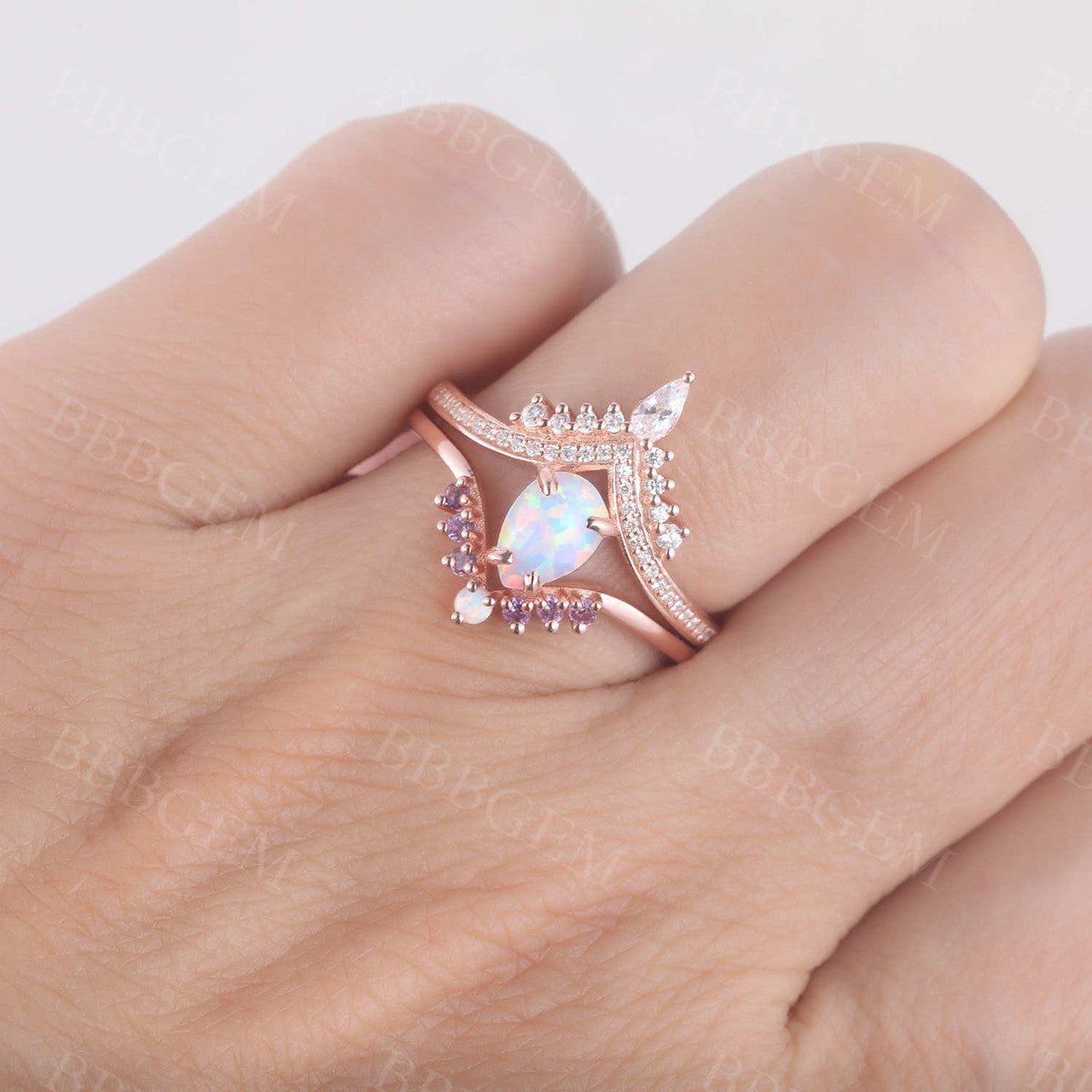 Pear Opal Engagement Ring Set - 3 Piece White Opal Wedding Band & Bridal Jewelry Set for Women, Perfect for Proposals, Anniversaries & Bridal Shower Gifts