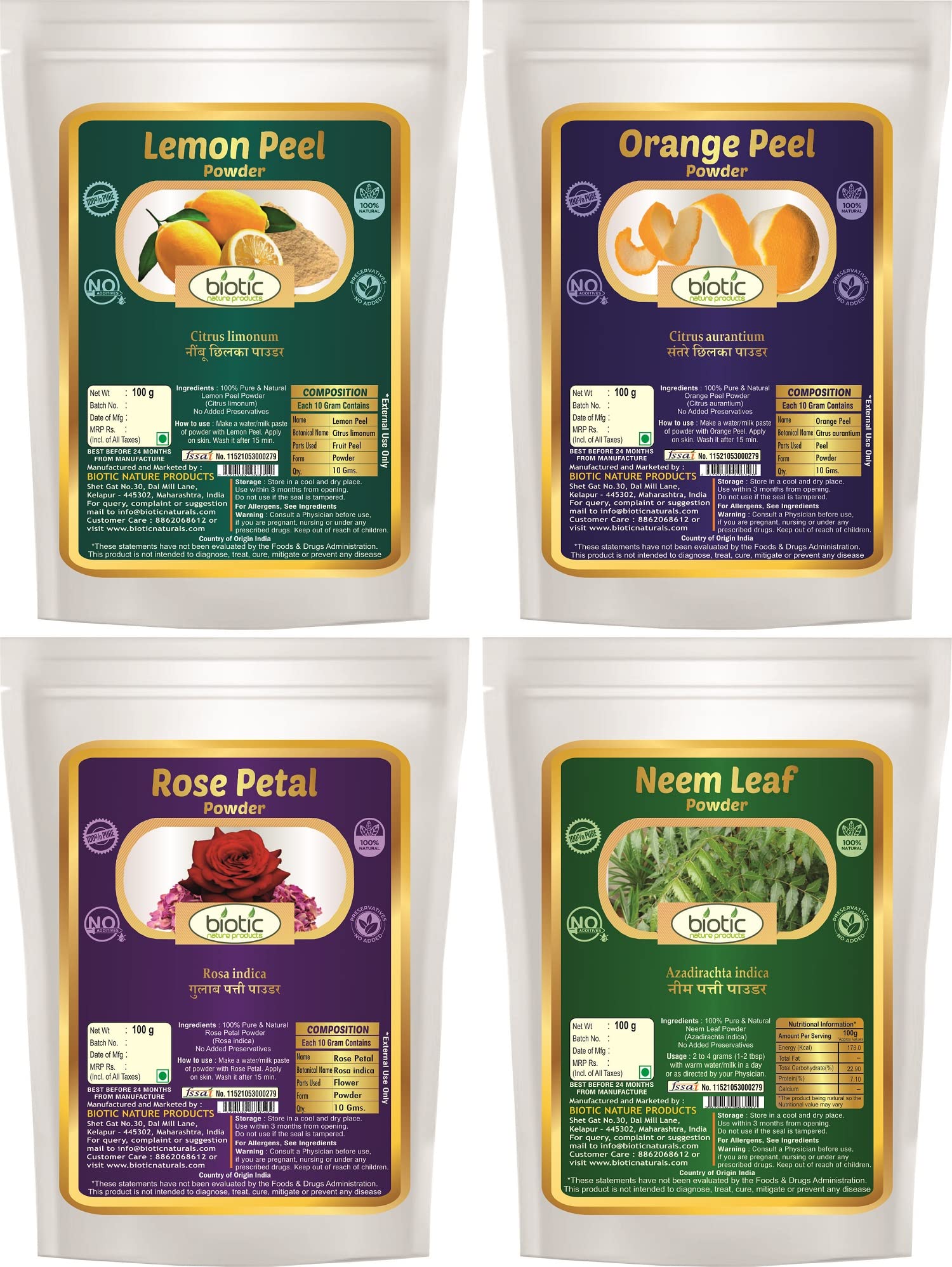 Organic Lemon Peel, Orange Peel, Rose Petal & Neem Leaf Powder - 400g (4x100g) | Natural Skin Care, Hair Mask & DIY Beauty Recipes | Perfect for Face Scrubs, Herbal Baths & Aromatherapy