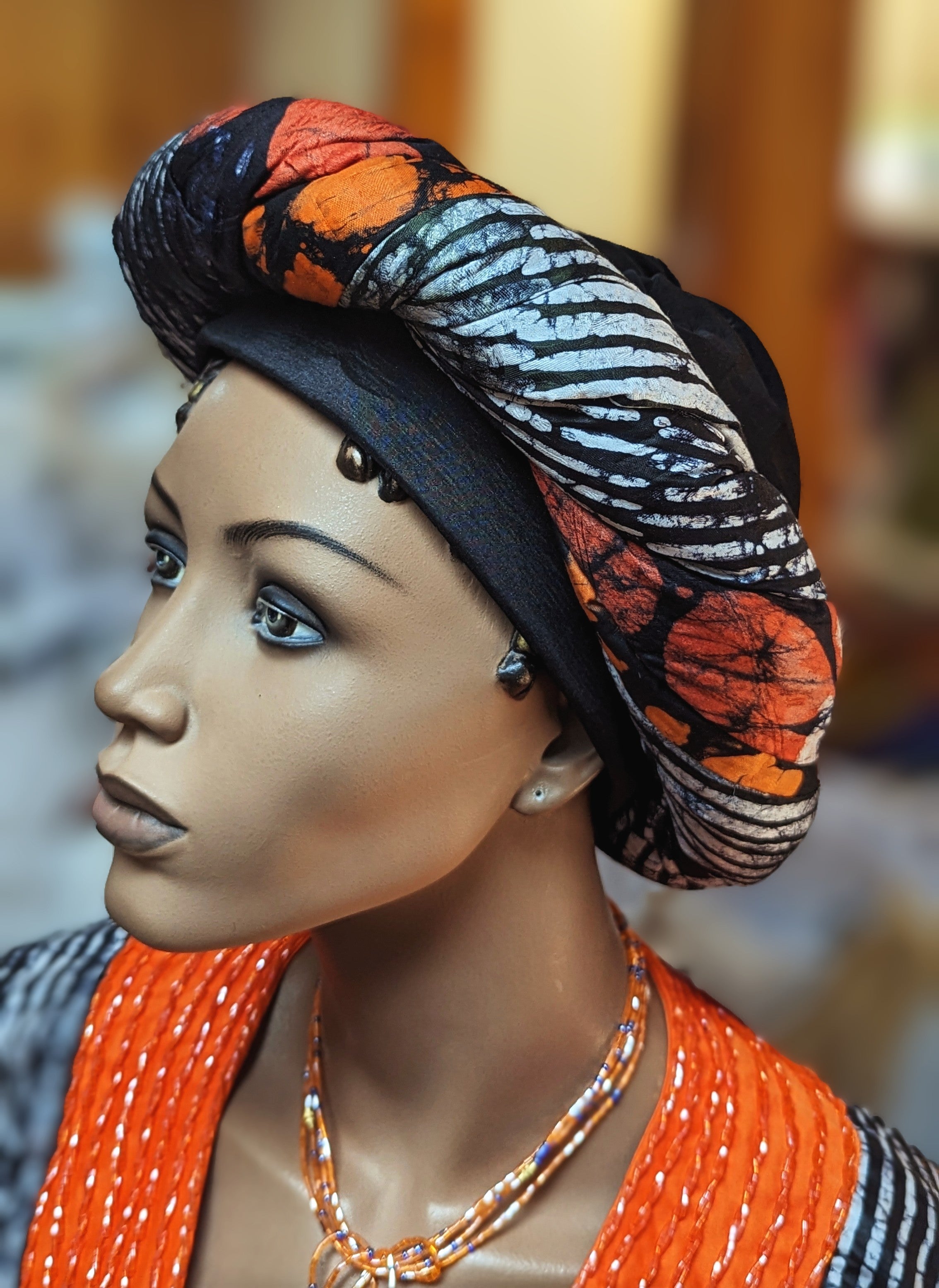Stylish Orange & Black African Print Batik Hat for Women - DUPAPBH5H | Fashionable Headwear for Parties, Weddings & Cultural Events