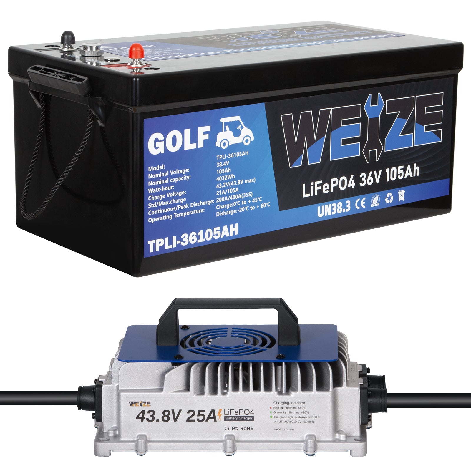 WEIZE 36V 105Ah LiFePO4 Deep Cycle Golf Cart Battery - 4032Wh Bluetooth Lithium Battery with 8000+ Cycles, 200A BMS & 10 Year Warranty - Includes Fast Charger - Perfect for Golf Carts, RVs, Marine & Off-Grid Solar Systems