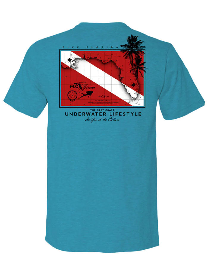 FloGrown FGM 1570 Vintage Dive Map T-Shirt for Men - Short Sleeve Casual Tee in Bondi Blue | Perfect for Beach, Diving & Summer Outdoor Activities
