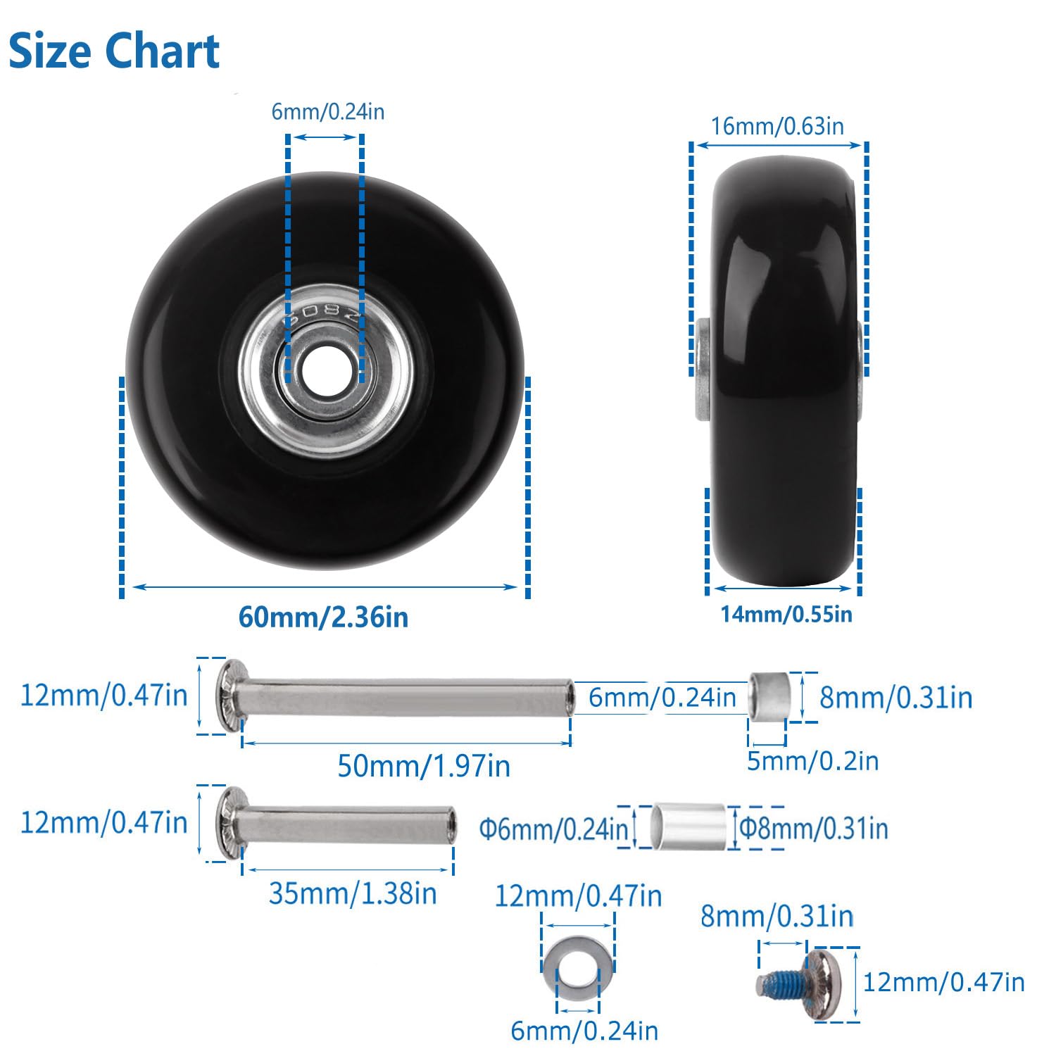 8PC 2.4in/60mm PU Rubber Spinner Wheels Replacement Set with 0.63in/16mm Bearings & 2 Size Axles - Silent Flexible Smooth Roller for Damaged Suitcase, Luggage, Trolley Caster Repair - Perfect for Travel, Business Trips and Airport Use