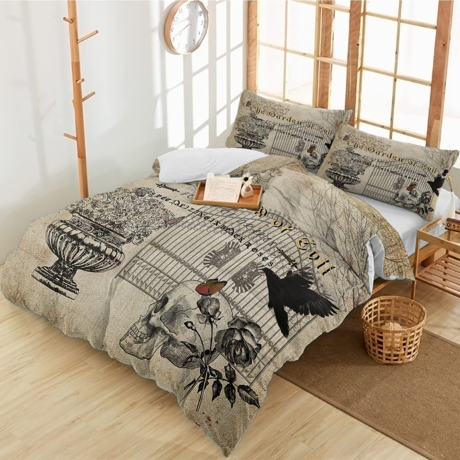 Vintage Halloween Queen Duvet Cover Set - 3 Piece Black Crow & Skull Print Luxury Soft Comforter Cover with 2 Pillow Shams for Bedroom Decor | Haunted Castle Theme | Perfect for Halloween Party, Spooky Bedroom Makeover & Gothic Home Decor