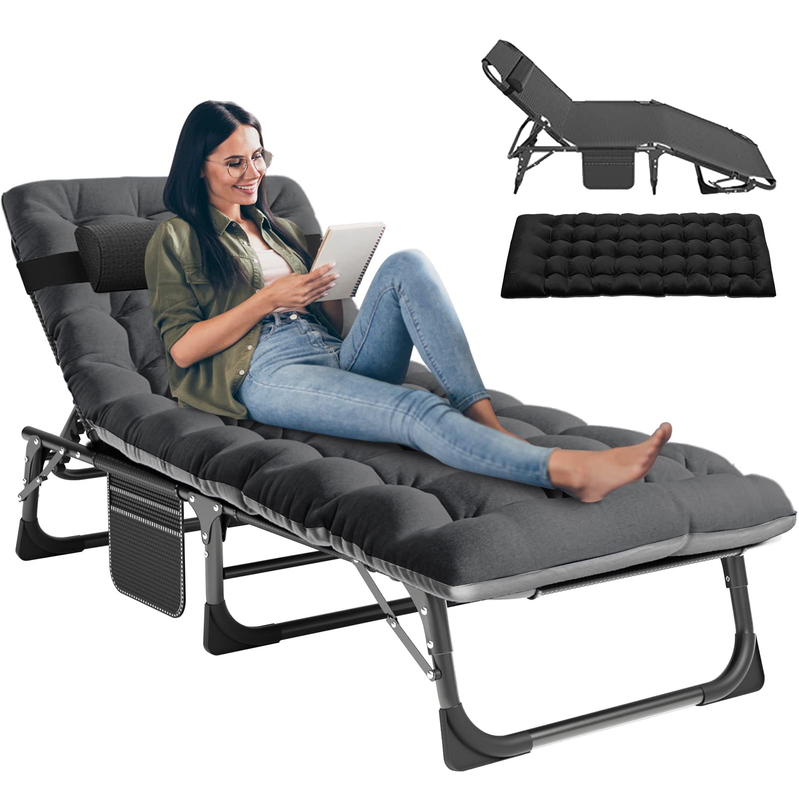 LILYPELLE 5-Position Adjustable Folding Chaise Lounge Chair with Mattress - Patio Recliner for Sunbathing, Camping, Poolside & Beach - Outdoor Relaxation for Backyard, Garden and Deck