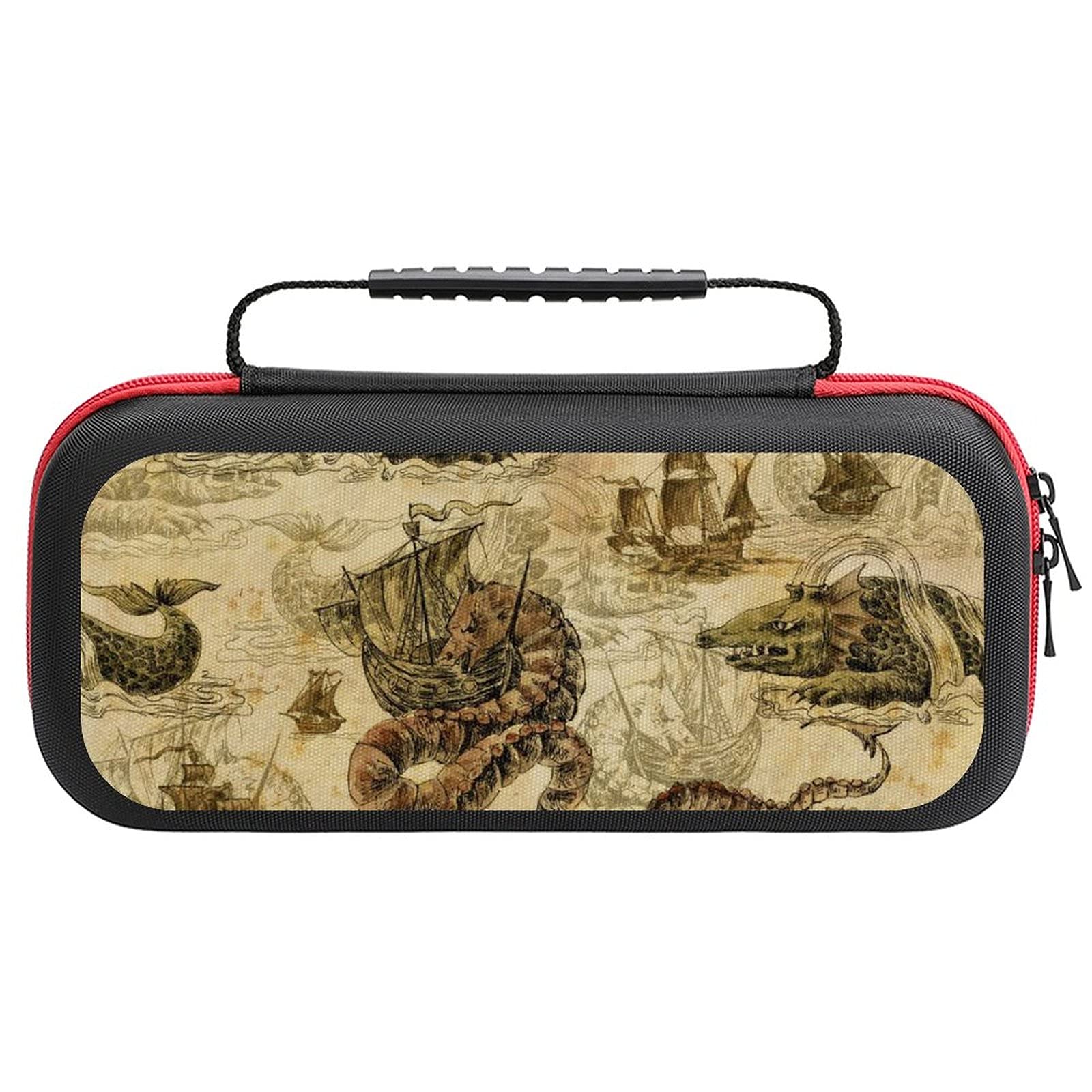 Vintage Ocean Monster Printed Travel Case for Nintendo Switch Lite & Accessories - Waterproof Portable Storage Bag for Gaming Console, Charger & Cables - Perfect for Travel, Commuting & Outdoor Gaming Protection