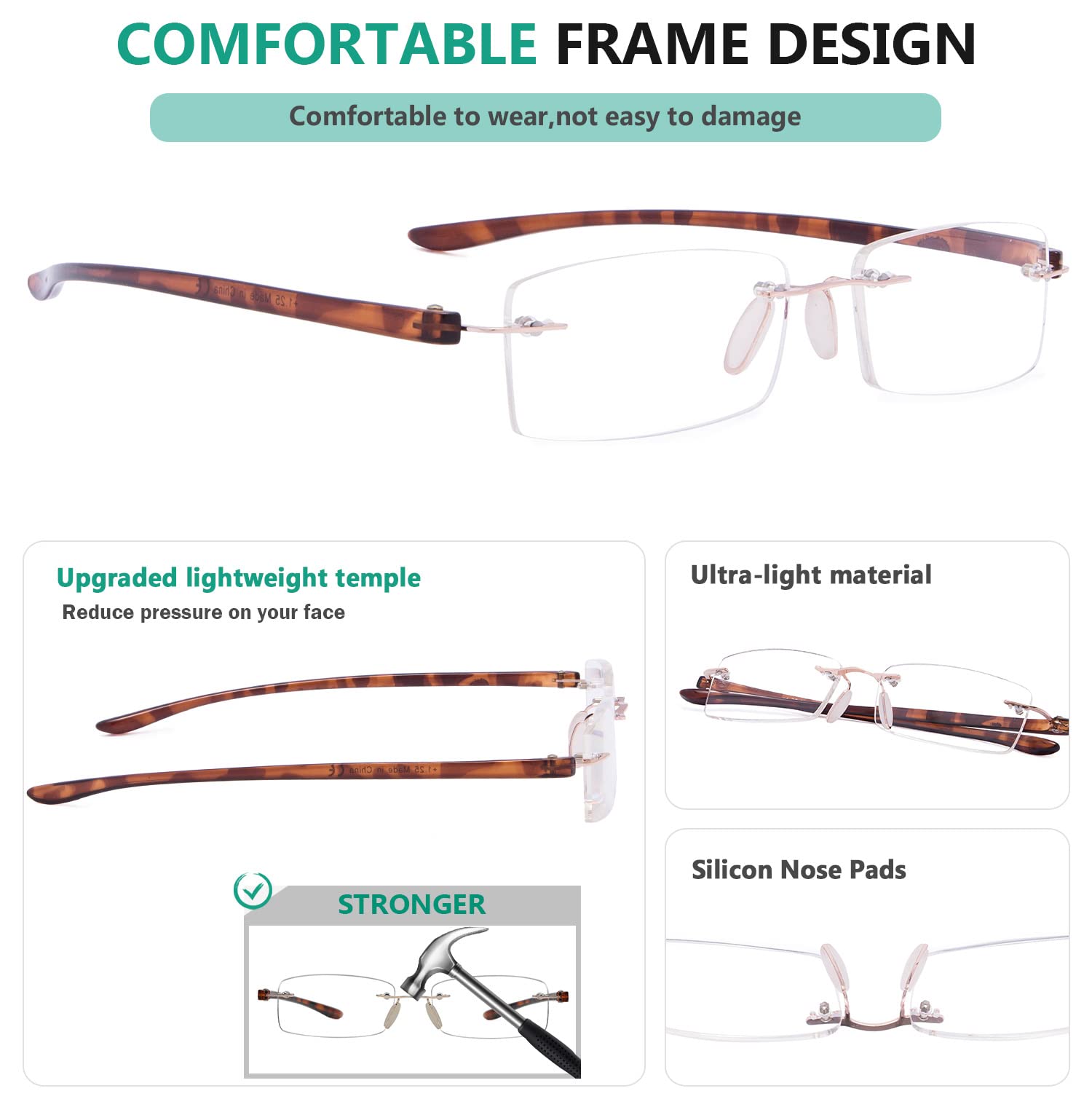 Eyekepper Rimless Reading Glasses for Men & Women - Small Lens Lightweight Readers for Computer, Book & Close Work (Fashionable & Comfortable)