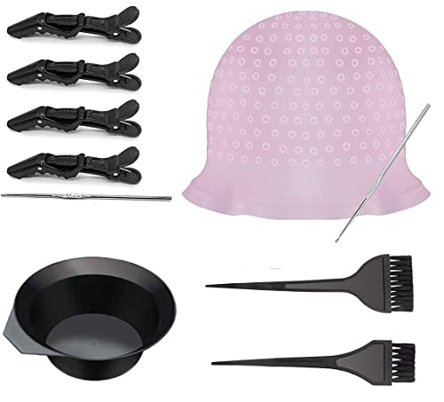 Professional Reusable Silicone Highlighting Caps Set with Hooks - Includes 4 Alligator Clips, 1 Hair Bowl & 2 Hair Brushes for Men & Women | At-Home Hair Coloring & Salon Styling Tools