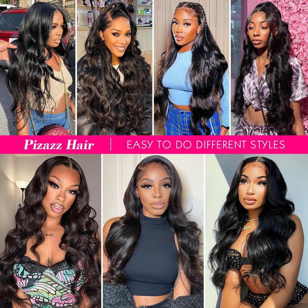 Pizazz 13x6 HD Lace Front Wigs Human Hair - Pre Plucked 180% Density Brazilian Body Wave Frontal Wig with Baby Hair & Natural Hairline - 18 Inch Natural Black Color for Daily Wear, Parties & Special Occasions