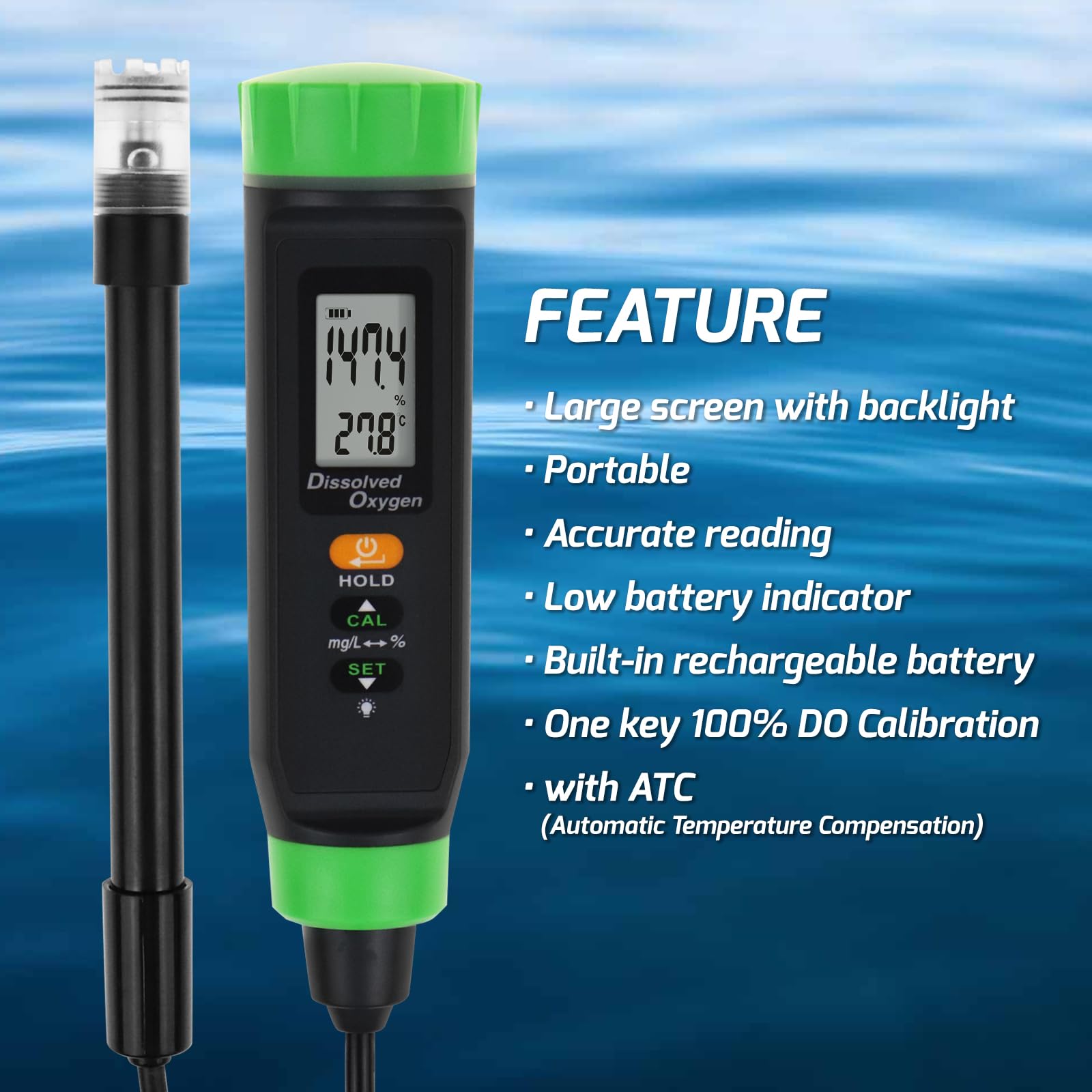 Portable Dissolved Oxygen Meter with ATC & Long Cable - DO Tester Kit with Self-Floating Probe Electrode for Aquariums, Ponds, Hydroponics & Water Quality Testing