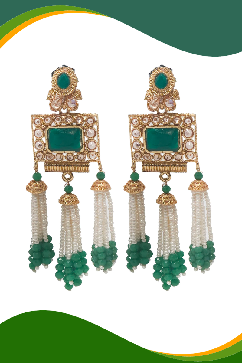 Exquisite Green Bejeweled and Beaded Golden Earrings for Women - Elegant Party & Evening Wear Jewelry Accessories