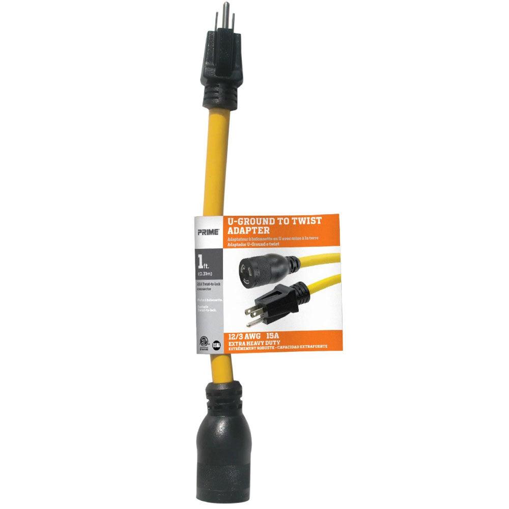 12/3 STW U Ground to Twist Lock Outdoor Power Adapter - 1 Foot Heavy Duty Yellow Extension Cord for Construction Sites, RV Hookups & Outdoor Events