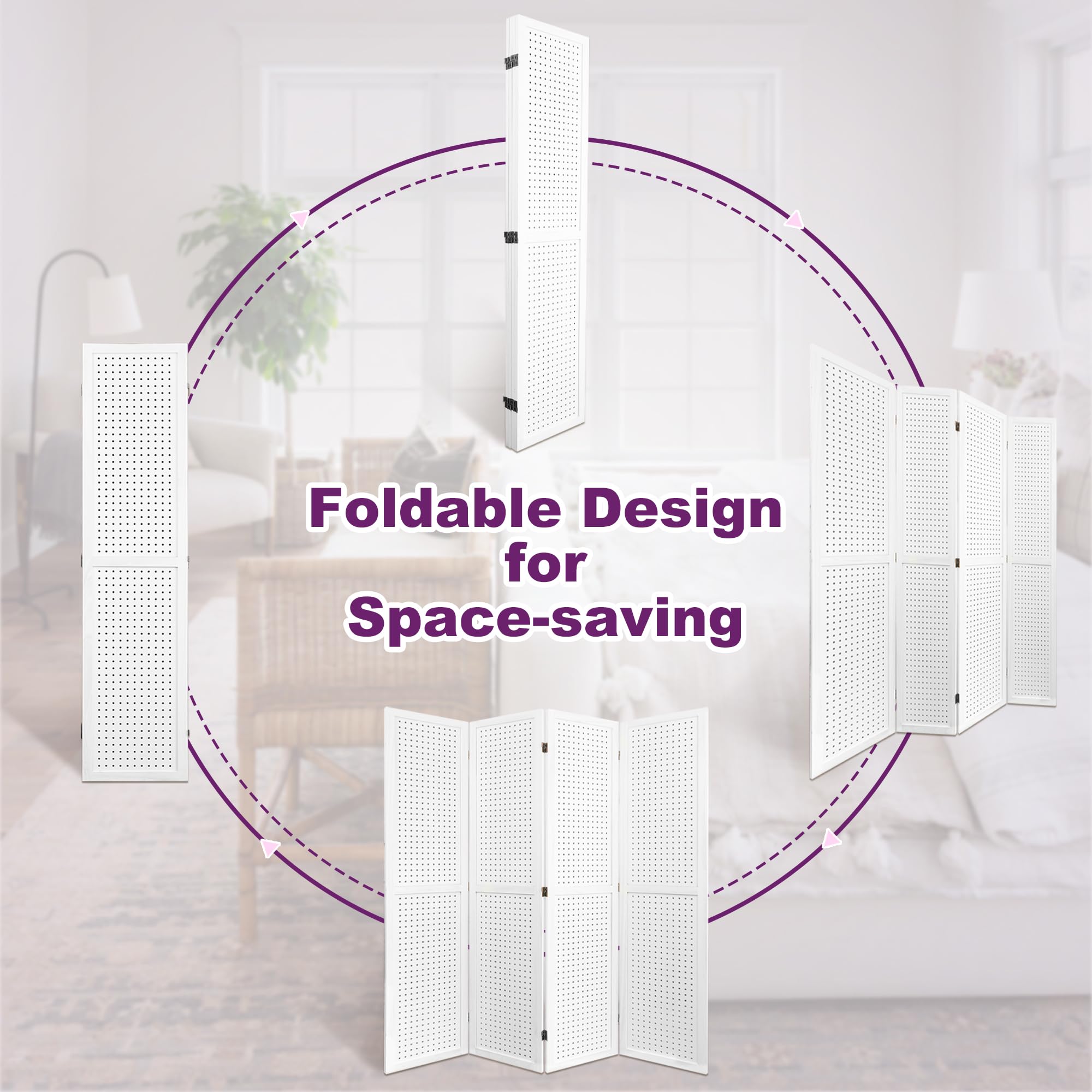 5.6FT Folding Room Divider Panel - 4 Panel Pegboard Wood Partition Wall for Home Office, Craft Shows & Room Separation - White - Perfect for Home Decor, Trade Shows & Space Organization