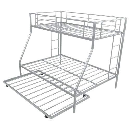 Twin Over Full Bunk Bed with Sturdy Steel Frame & Twin Trundle – 2-Side Ladders, Silver | Space-Saving Kids & Guest Bedroom Solution for Small Homes & Dorms