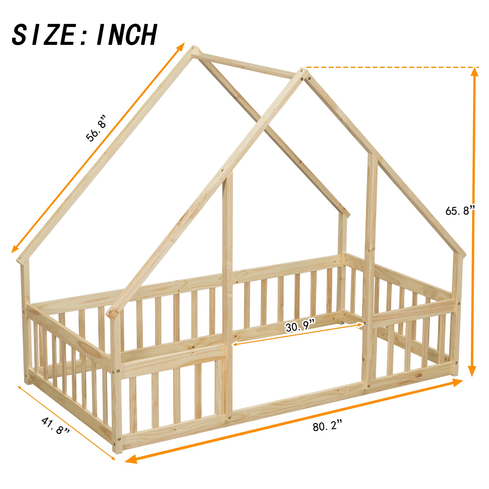Bellemave Twin Size Wooden House Floor Bed Frame for Kids - Montessori Style with Safety Fence & Playhouse Design - Perfect for Boys & Girls Bedroom, Playroom or Montessori Classroom