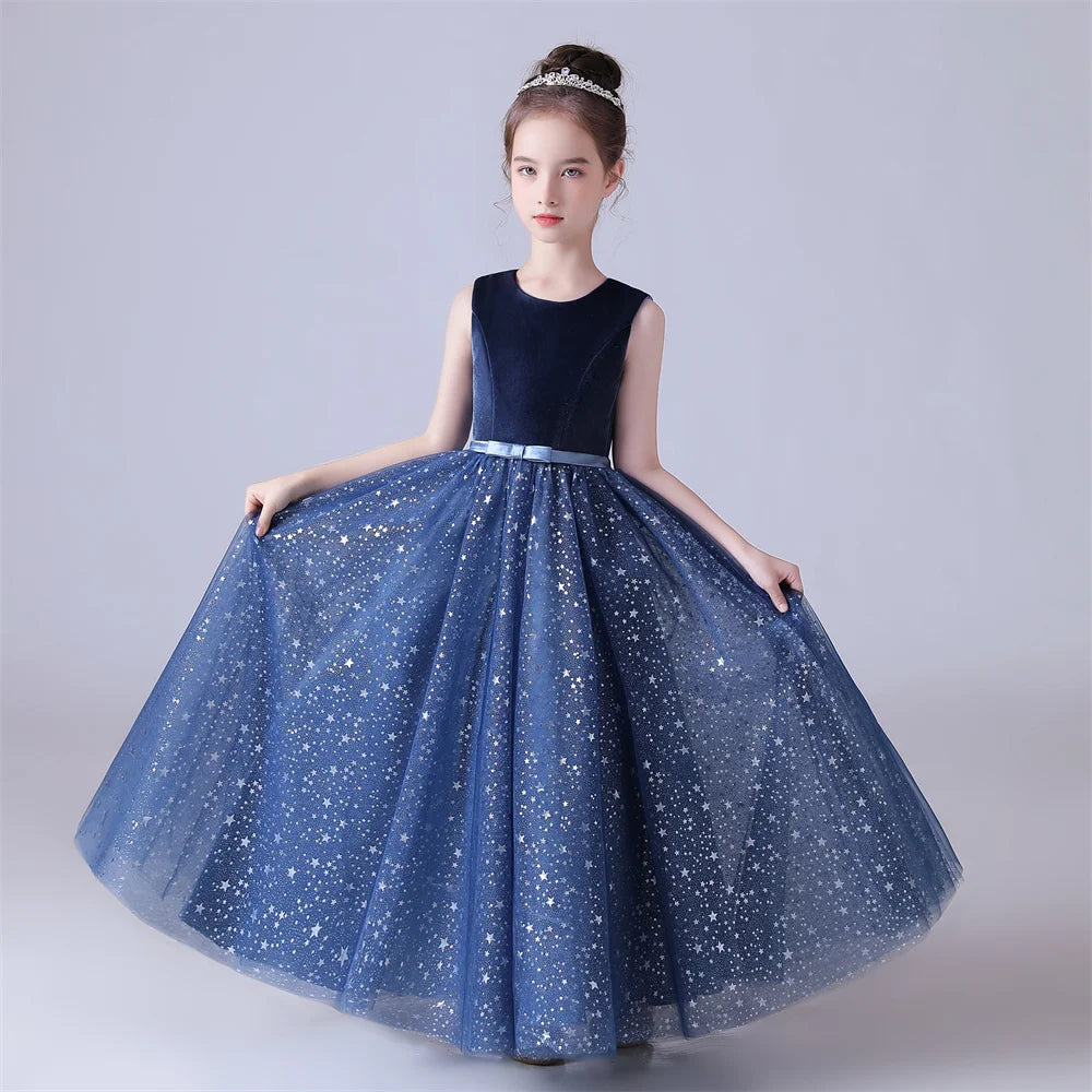 Navy Blue Shiny Tulle Flower Girl Dress - Sleeveless Formal Princess Gown for Kids Birthday Party, Wedding, Pageant & Special Occasions
