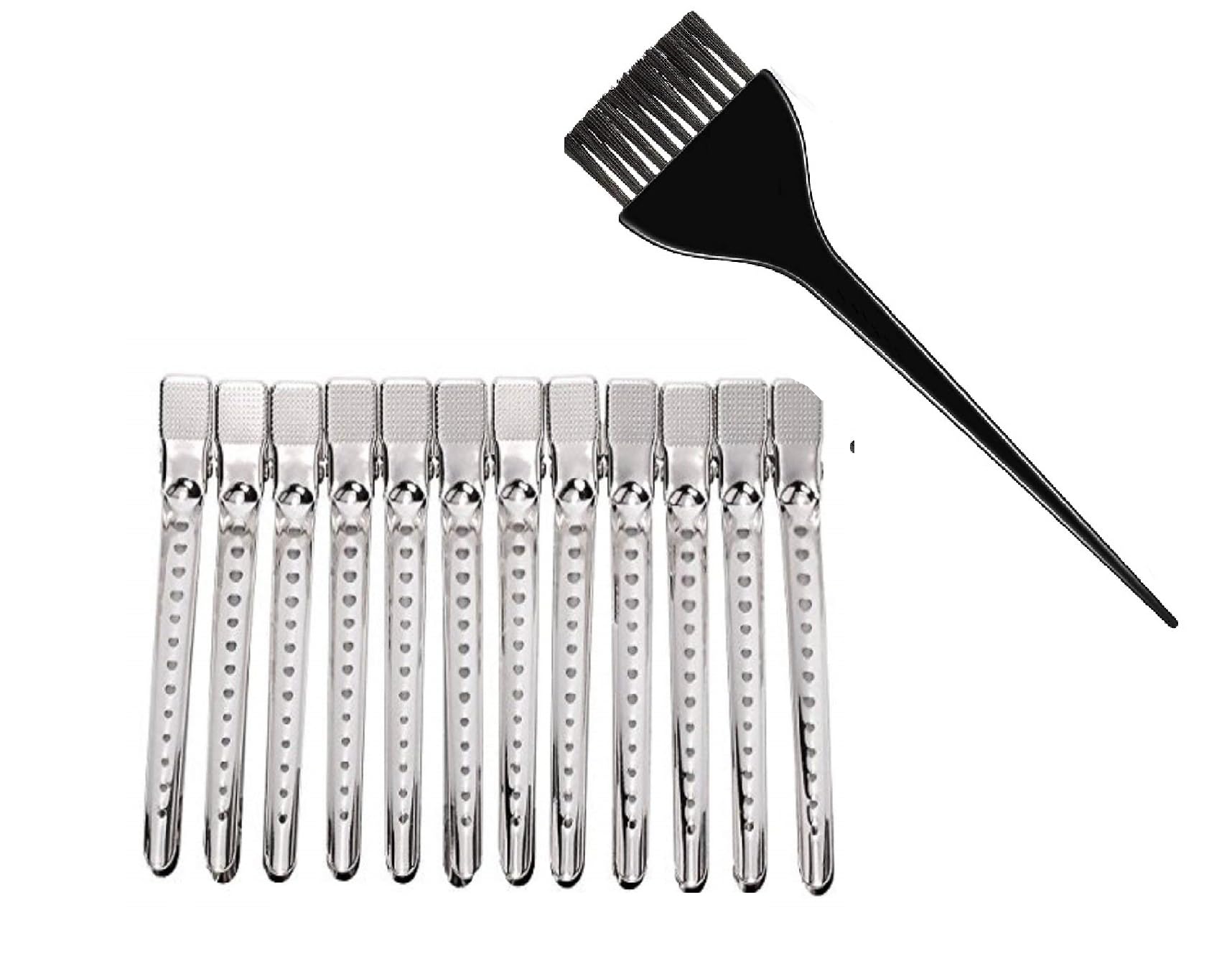 ZAUKY 12PCS Professional Steel Hair Sectioning Clips with Free Hair Coloring Brush - Strong Hold for Salon, Home Hair Cutting, Styling & Coloring - Perfect for Hairstylists & DIY Hair Care