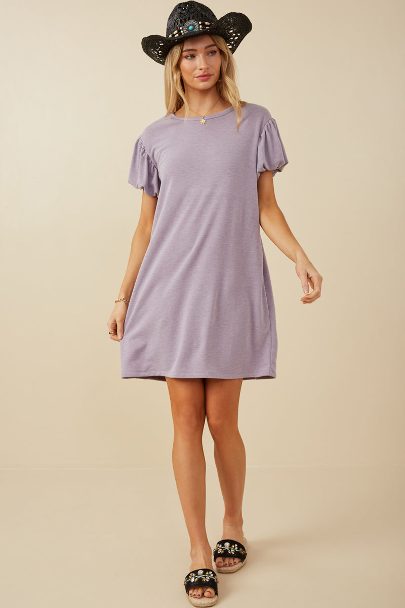 Stylish Gathered Puff Sleeve French Terry Knit Dress for Women | Comfortable Casual & Lounge Wear | Perfect for Brunch, Office, and Weekend Outings