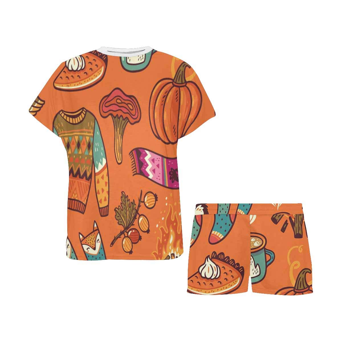 INTERESTPRINT Women's Autumn Pumpkin Owl Pajama Set - Short Sleeve & Shorts Sleepwear for Women | Cozy Loungewear for Fall Nights, Halloween Sleepover & Relaxing at Home
