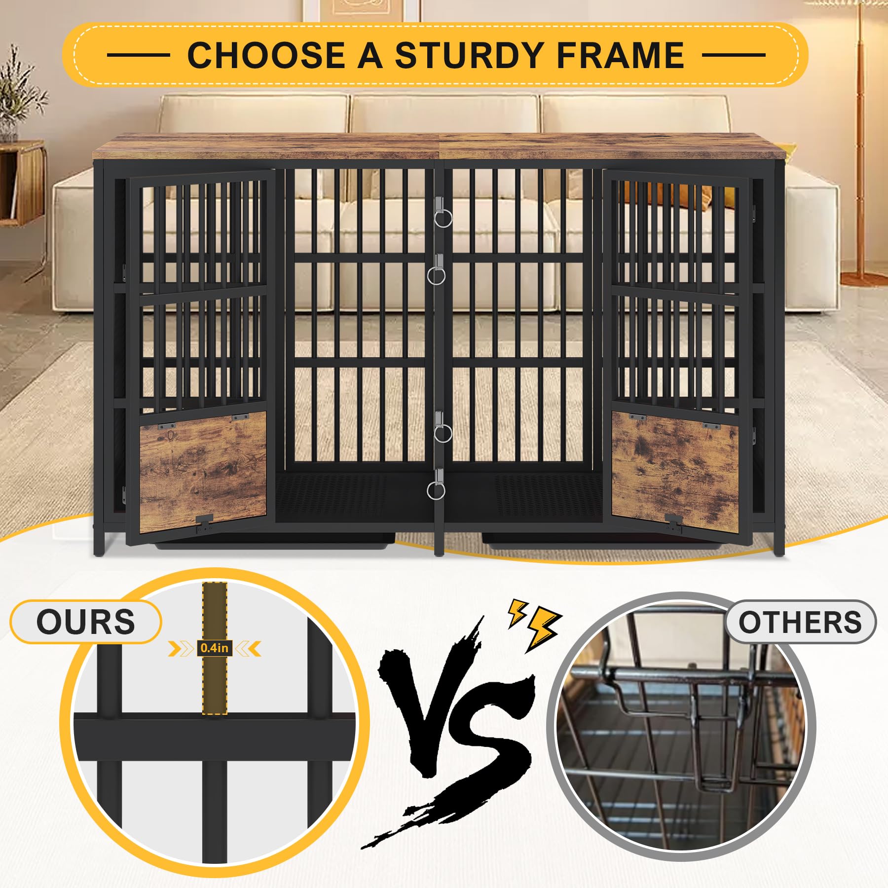 BOINN 63 Inch Large Dog Crate Furniture - Heavy Duty Double Dog Kennel with Divider & Removable Trays for Medium to Large Dogs | Perfect for Living Room, Bedroom or Office Pet Containment
